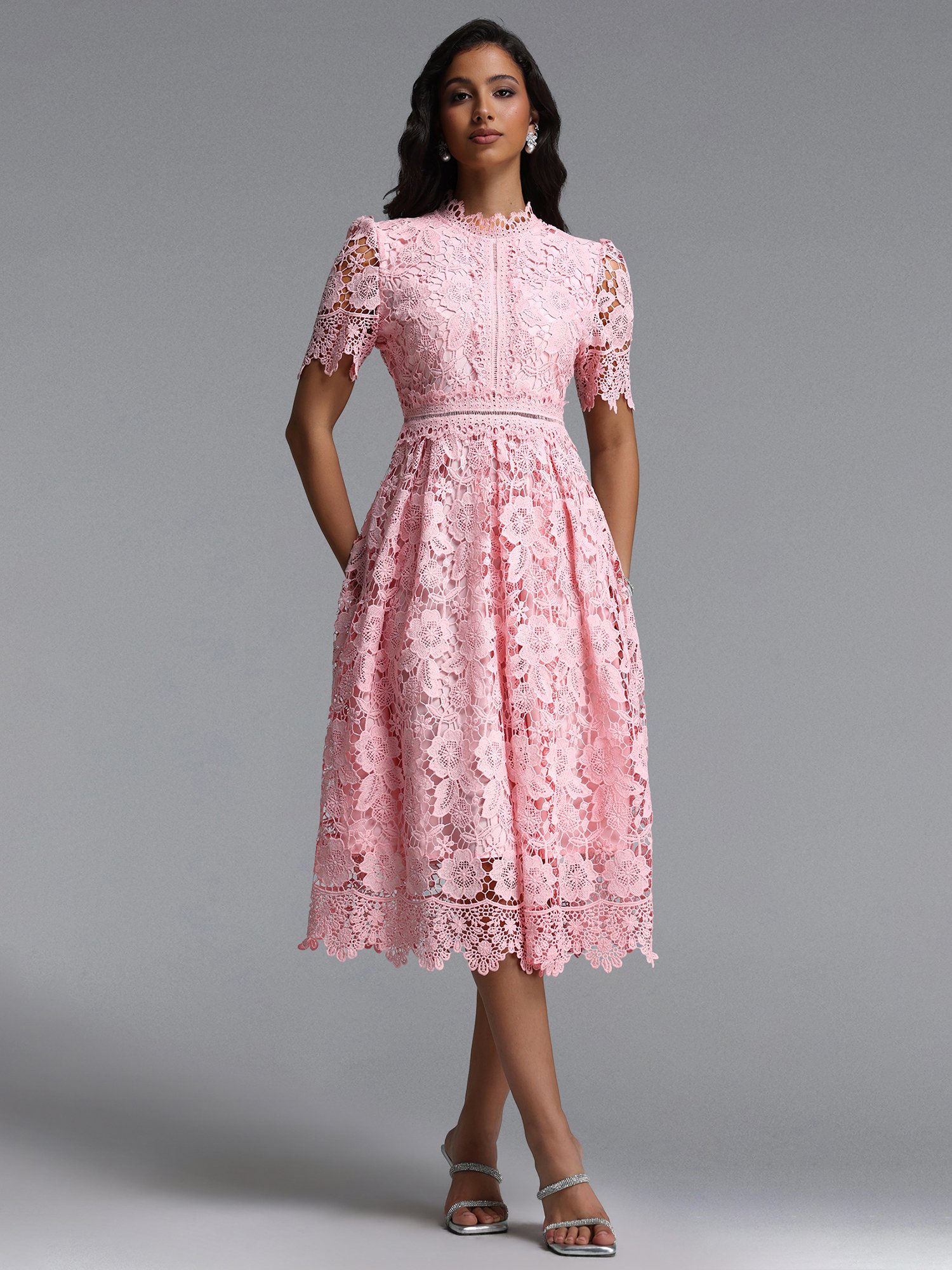 Pink Lace A-Line Midi Dress with Short Sleeves
