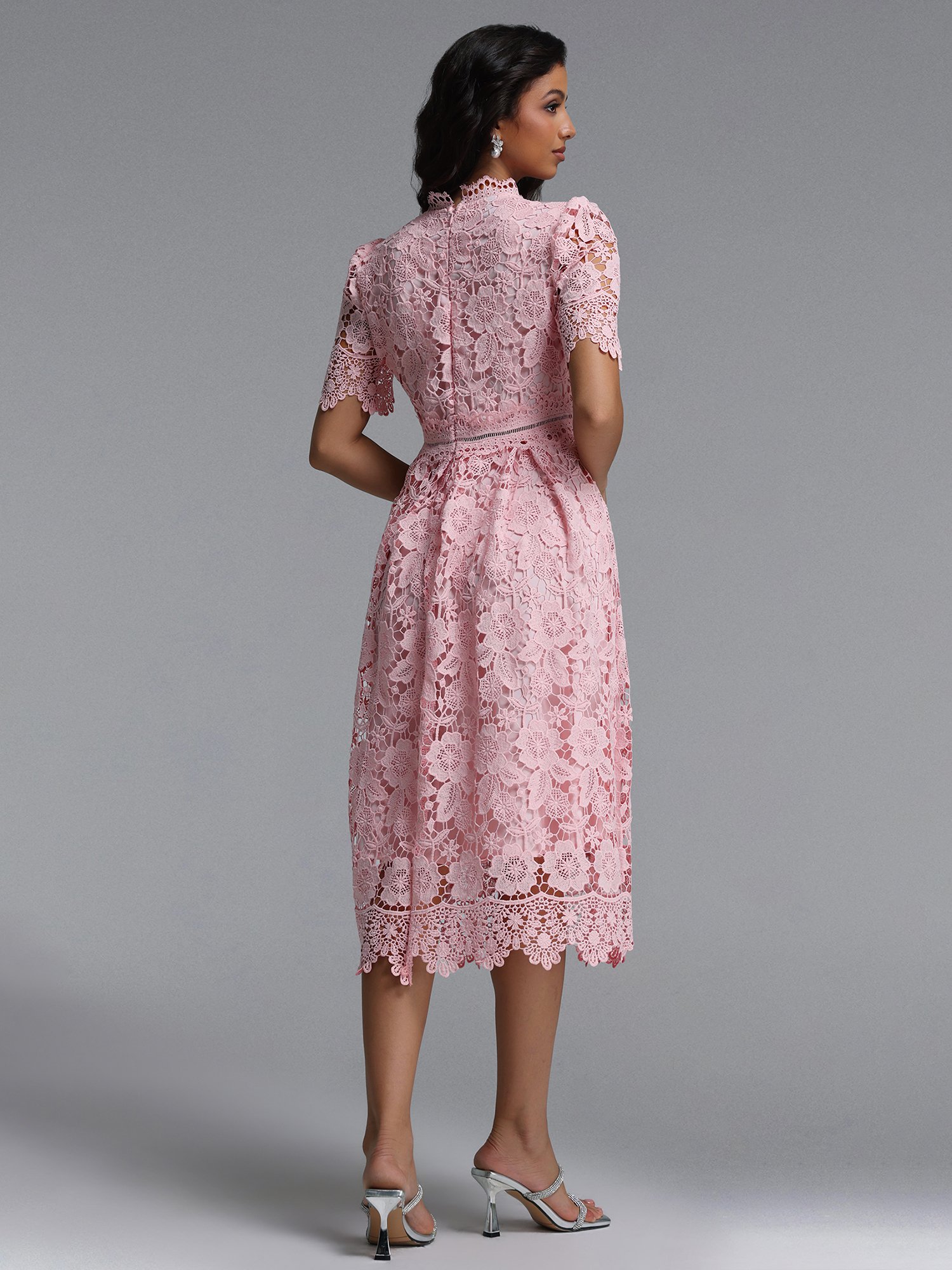 Pink Lace A-Line Midi Dress with Short Sleeves