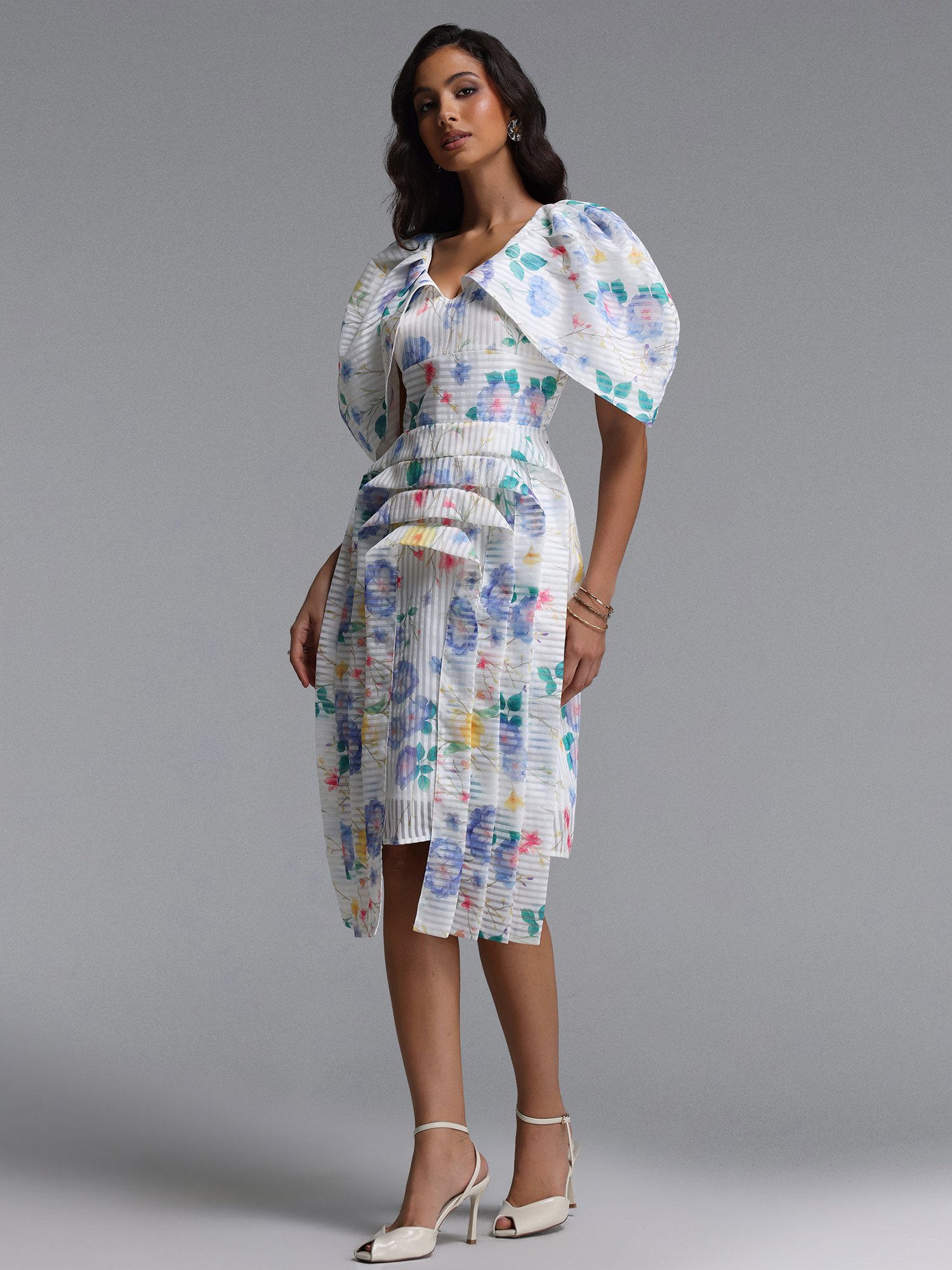 Multi Floral and Striped Midi Dress with Puffy Sleeves