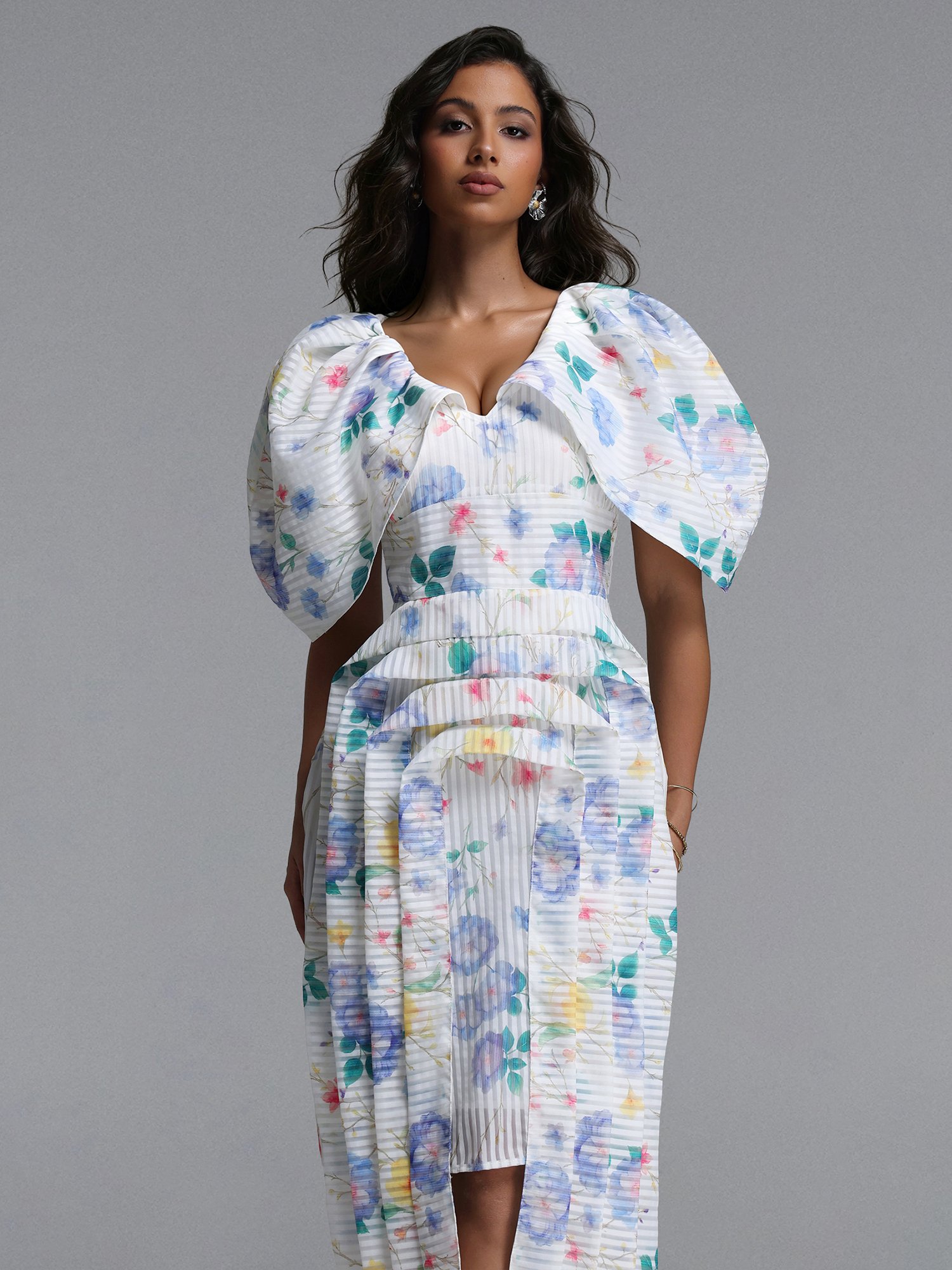 Multi Floral and Striped Midi Dress with Puffy Sleeves