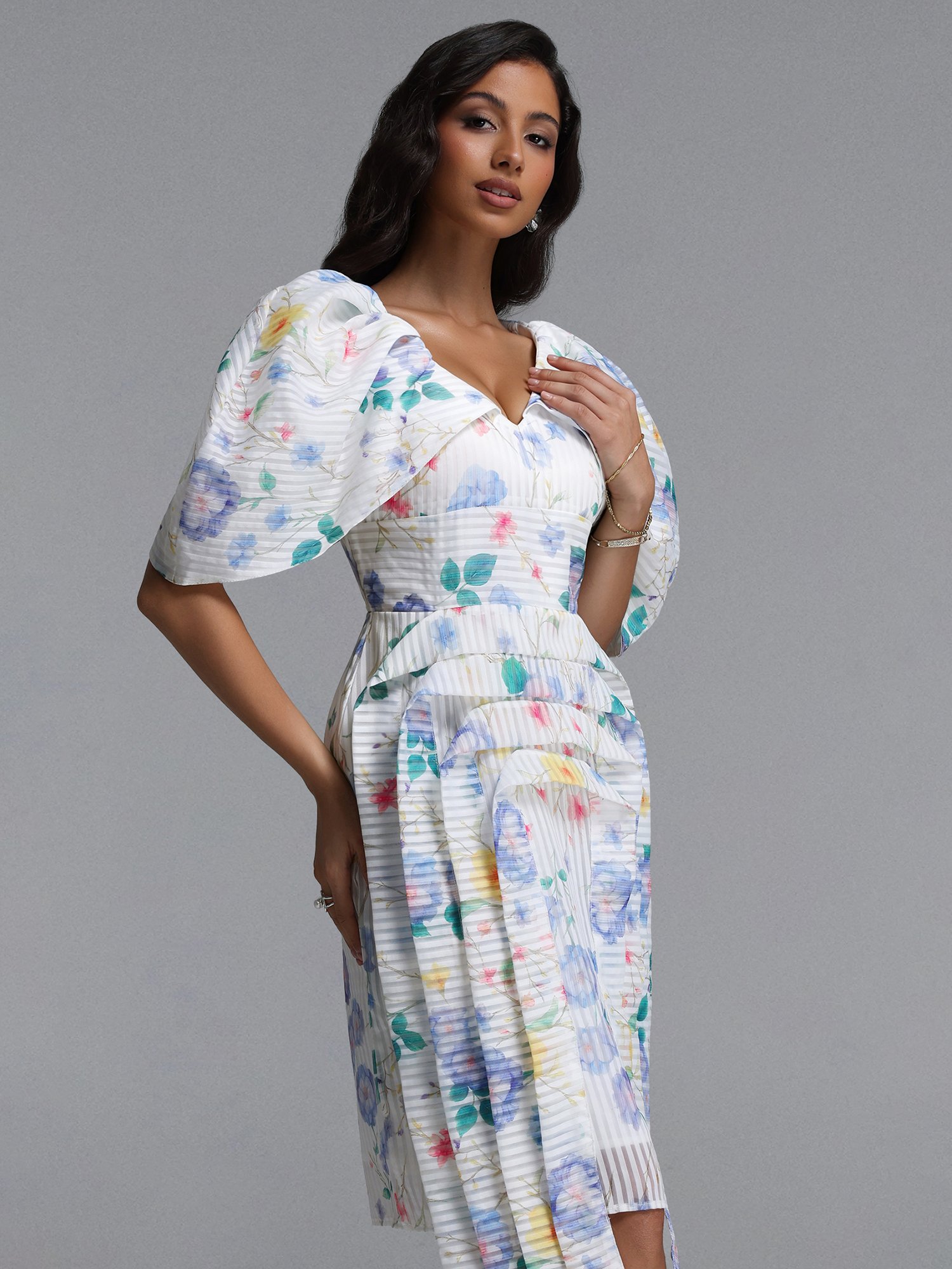 Multi Floral and Striped Midi Dress with Puffy Sleeves