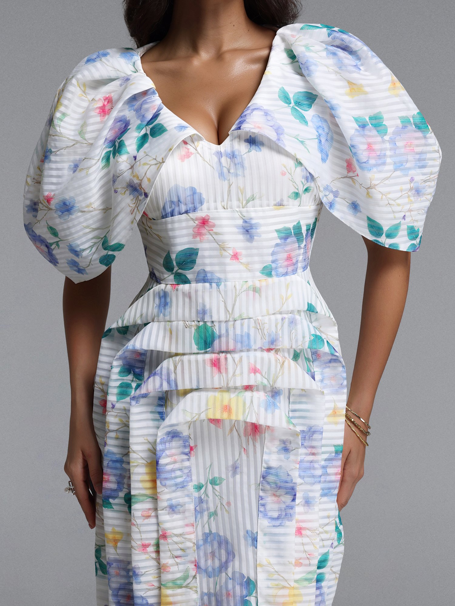 Multi Floral and Striped Midi Dress with Puffy Sleeves