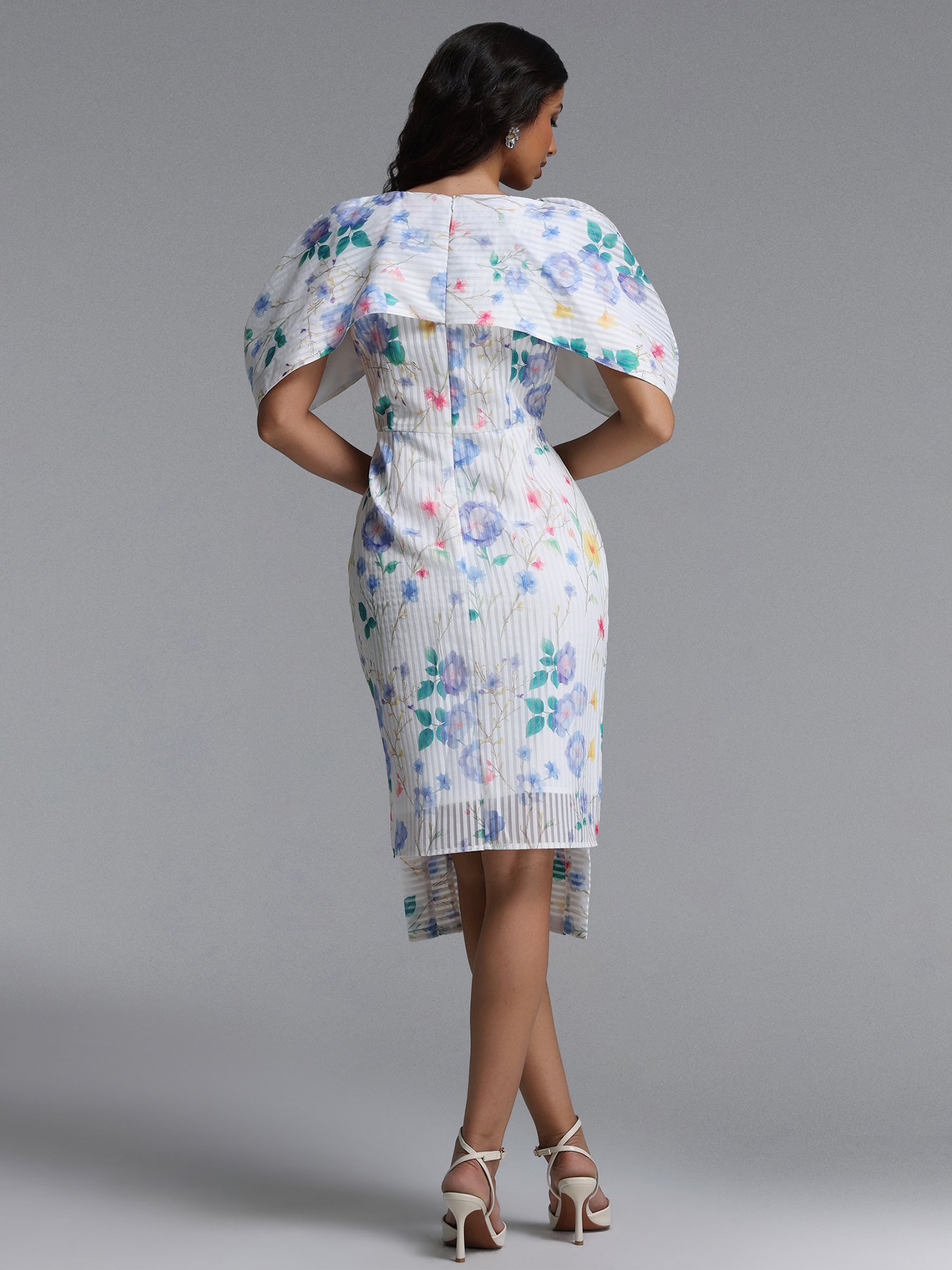 Multi Floral and Striped Midi Dress with Puffy Sleeves