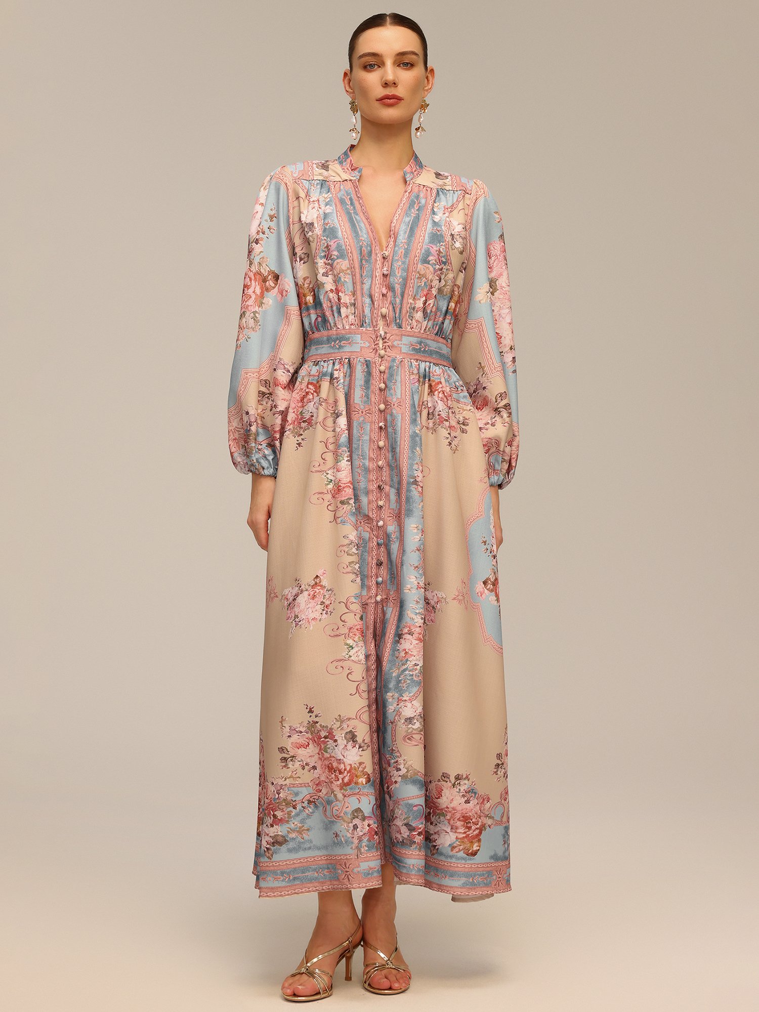 Beige Floral A-Line Maxi Dress with Long Sleeves