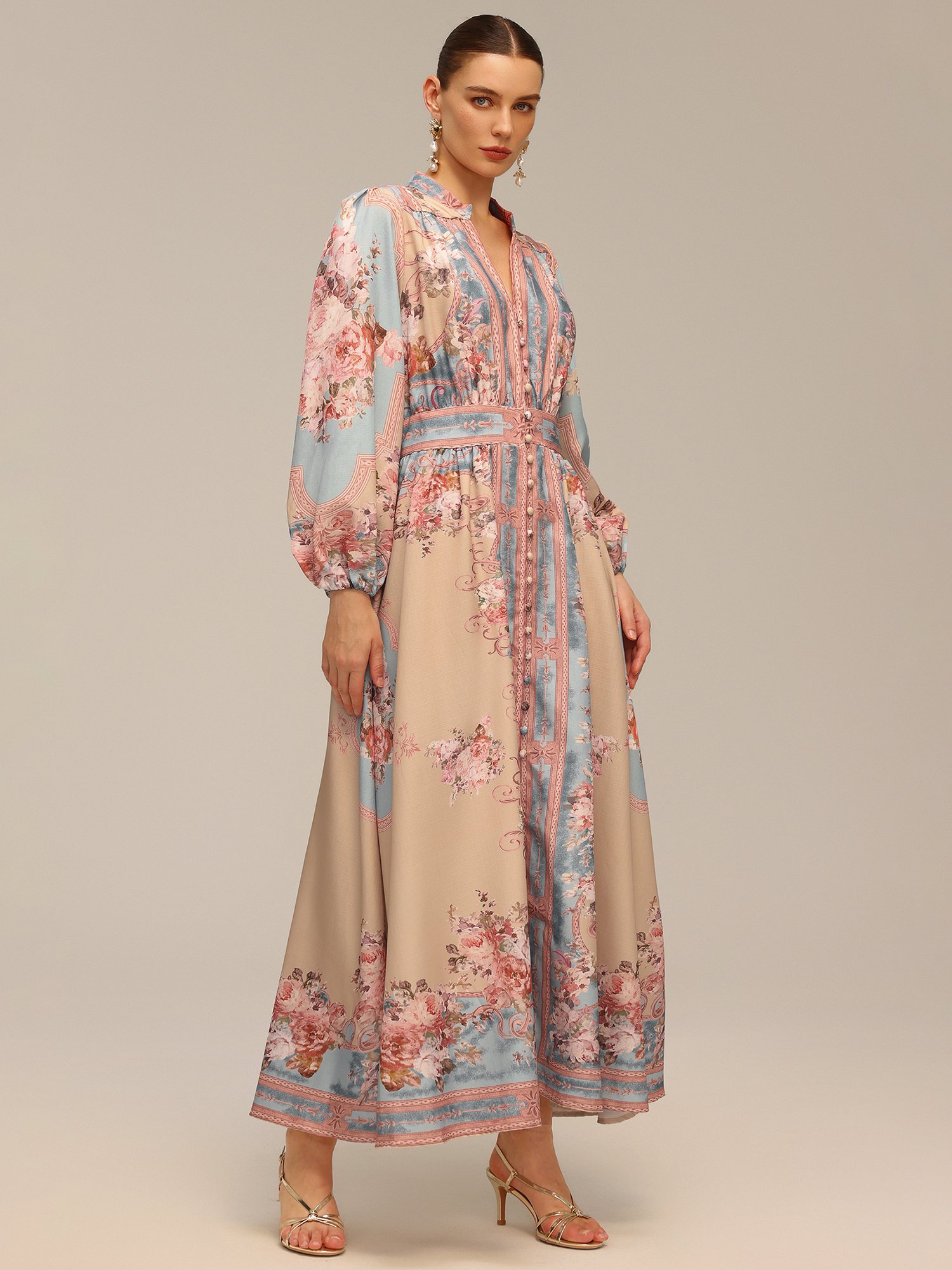 Beige Floral A-Line Maxi Dress with Long Sleeves
