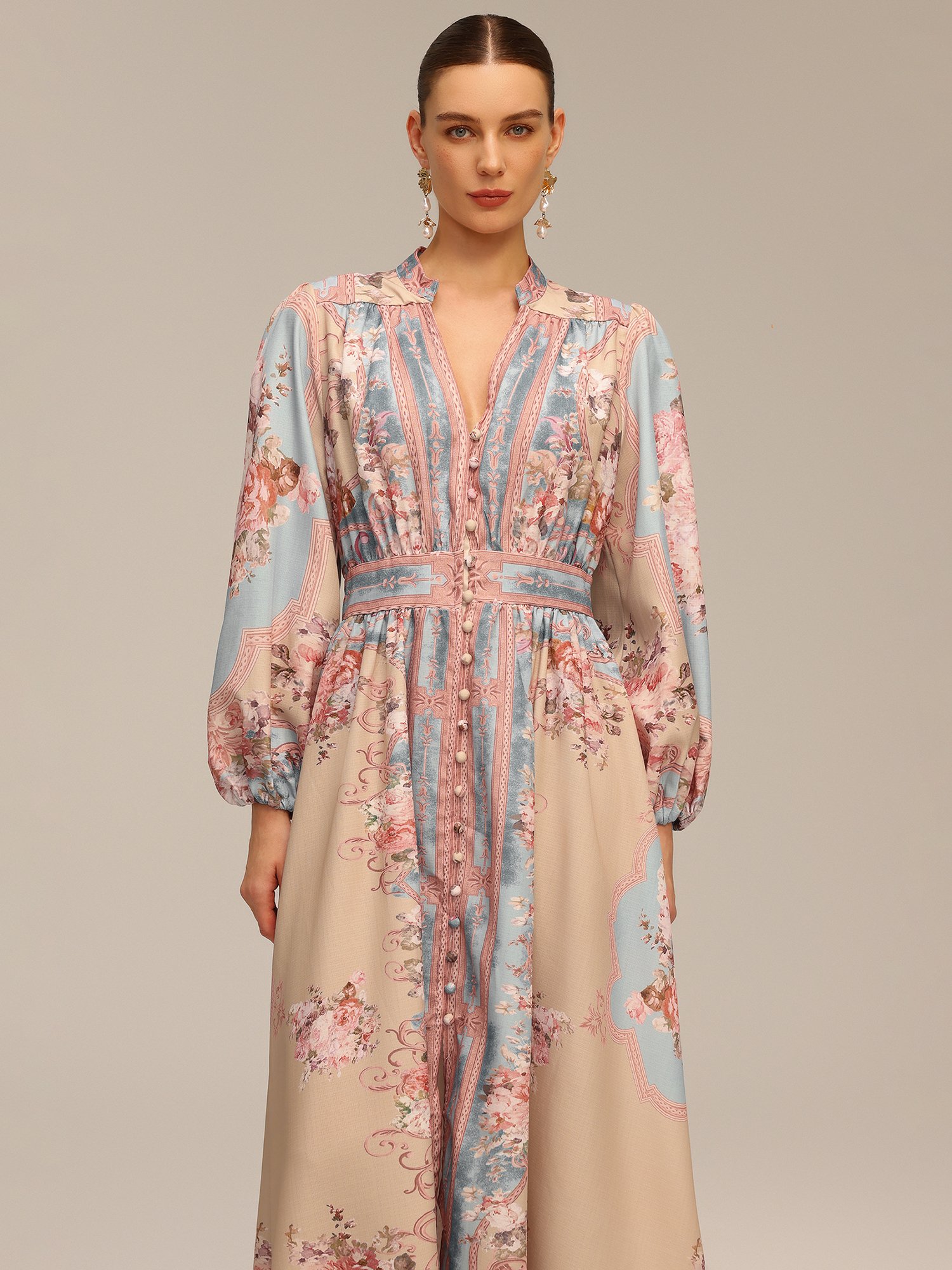 Beige Floral A-Line Maxi Dress with Long Sleeves