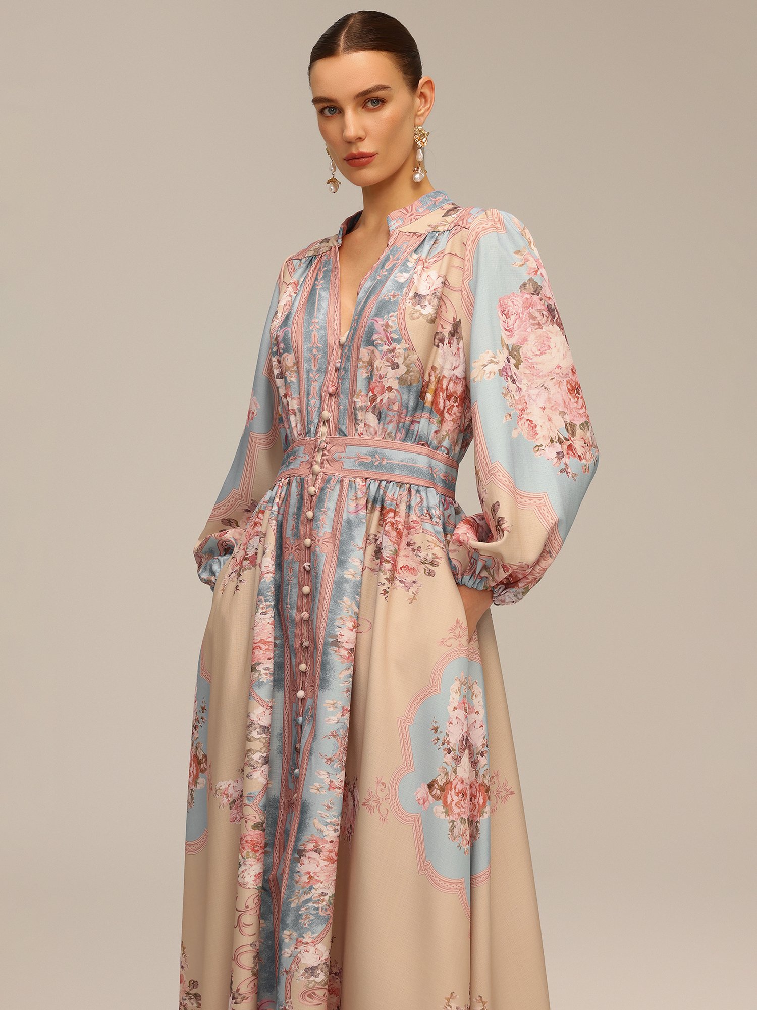 Beige Floral A-Line Maxi Dress with Long Sleeves