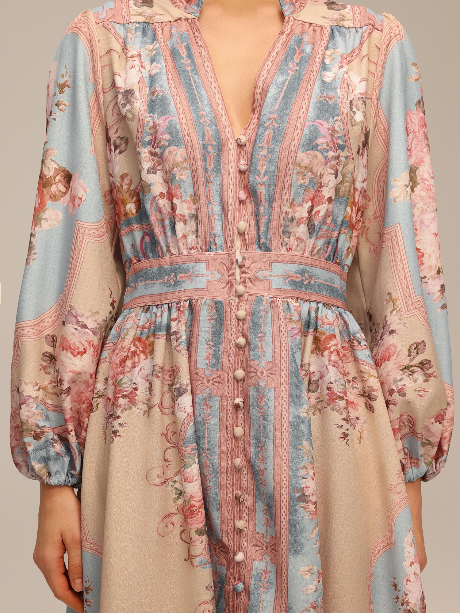 Beige Floral A-Line Maxi Dress with Long Sleeves