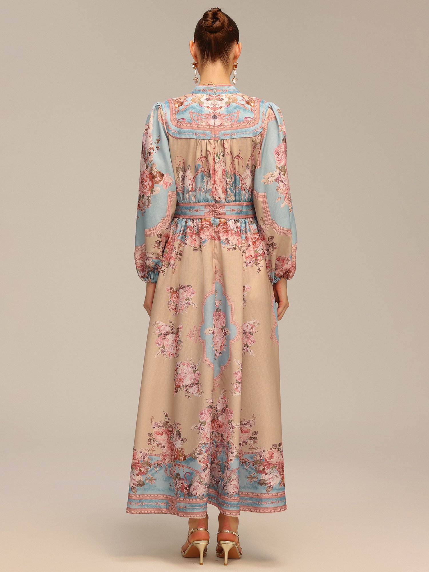 Beige Floral A-Line Maxi Dress with Long Sleeves