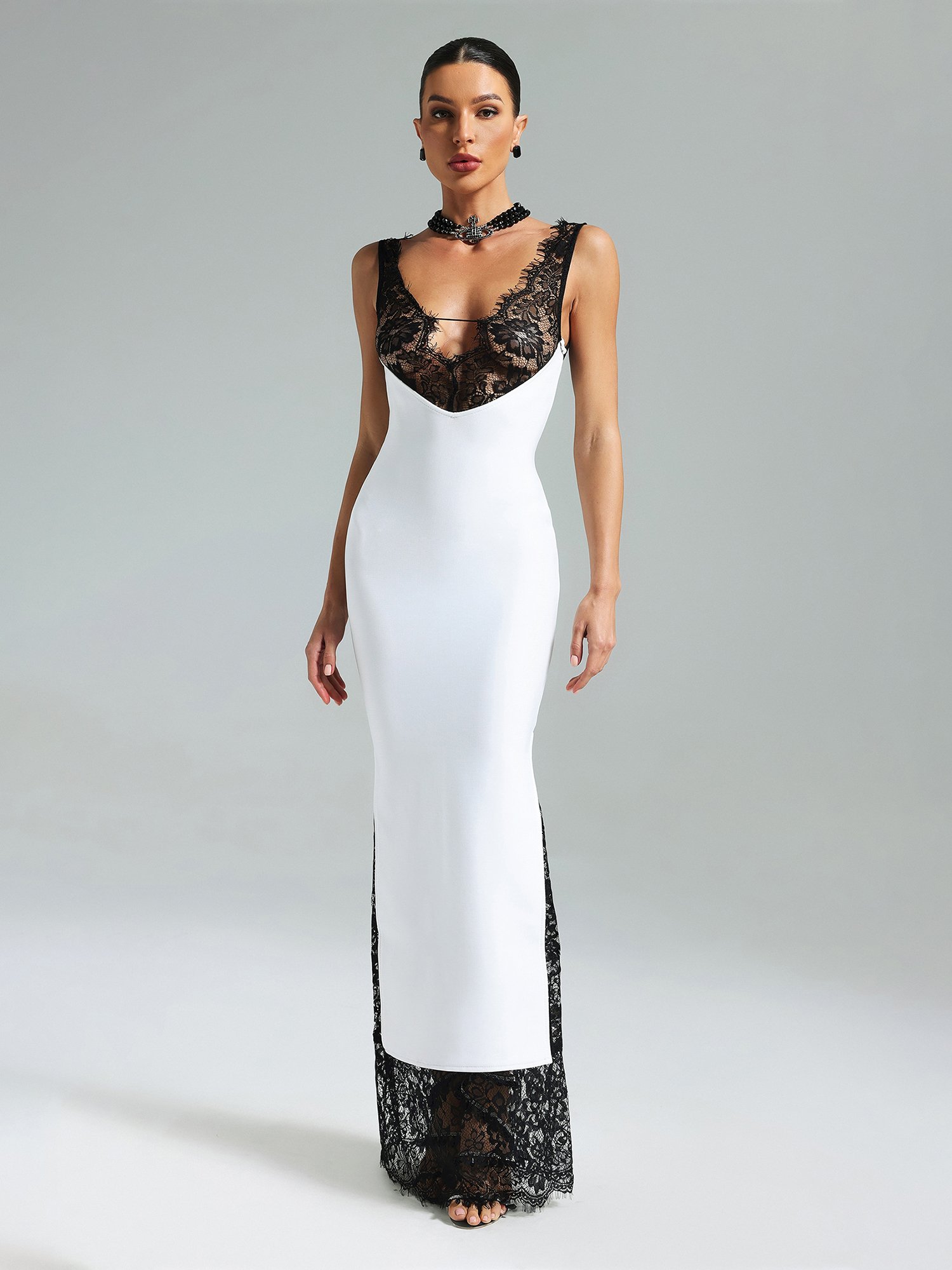 White Bodycon Maxi Dress with Lace Accent