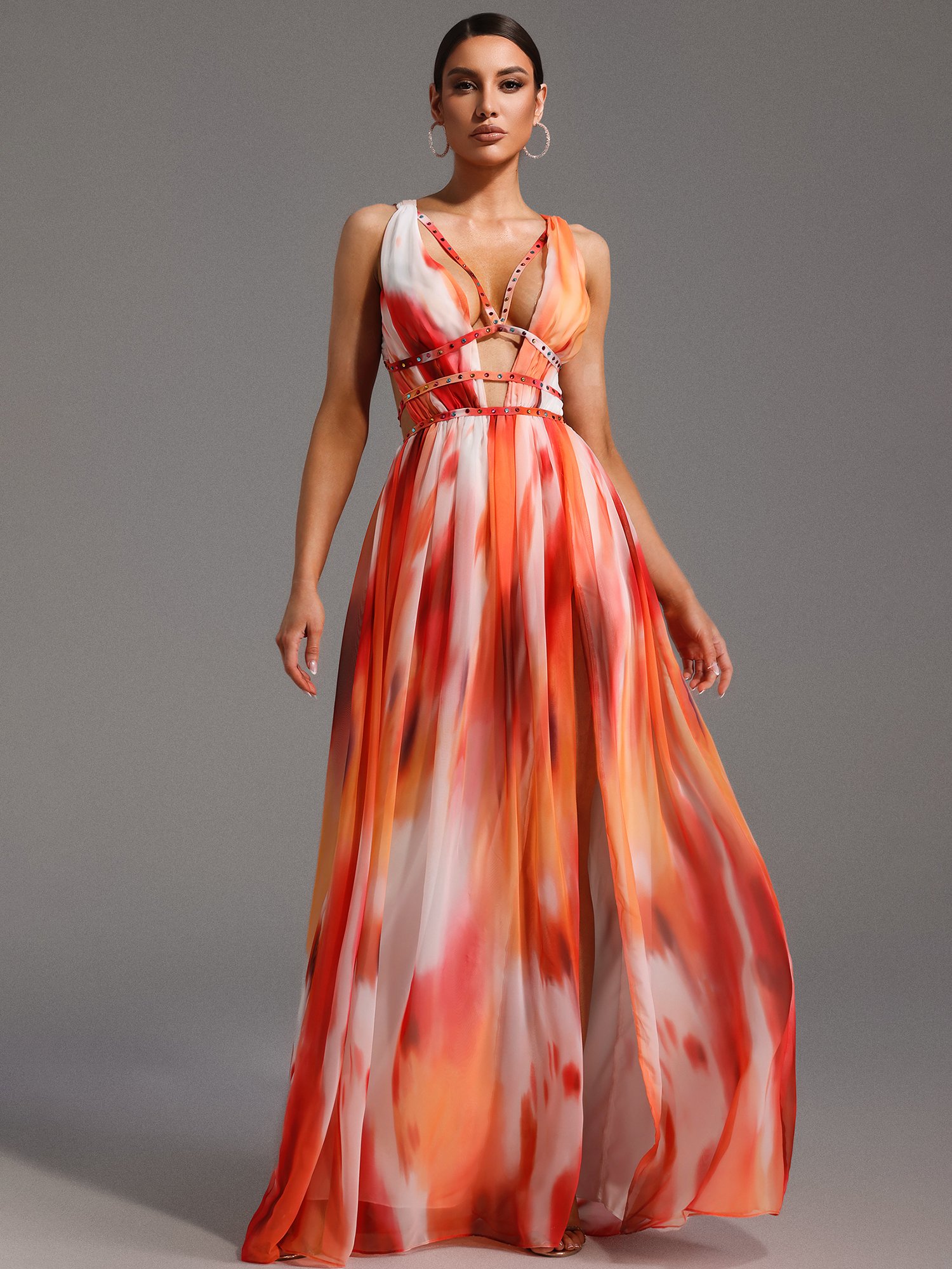 Multi-Color Tie-Dye A-Line Maxi Dress with Cut-Outs