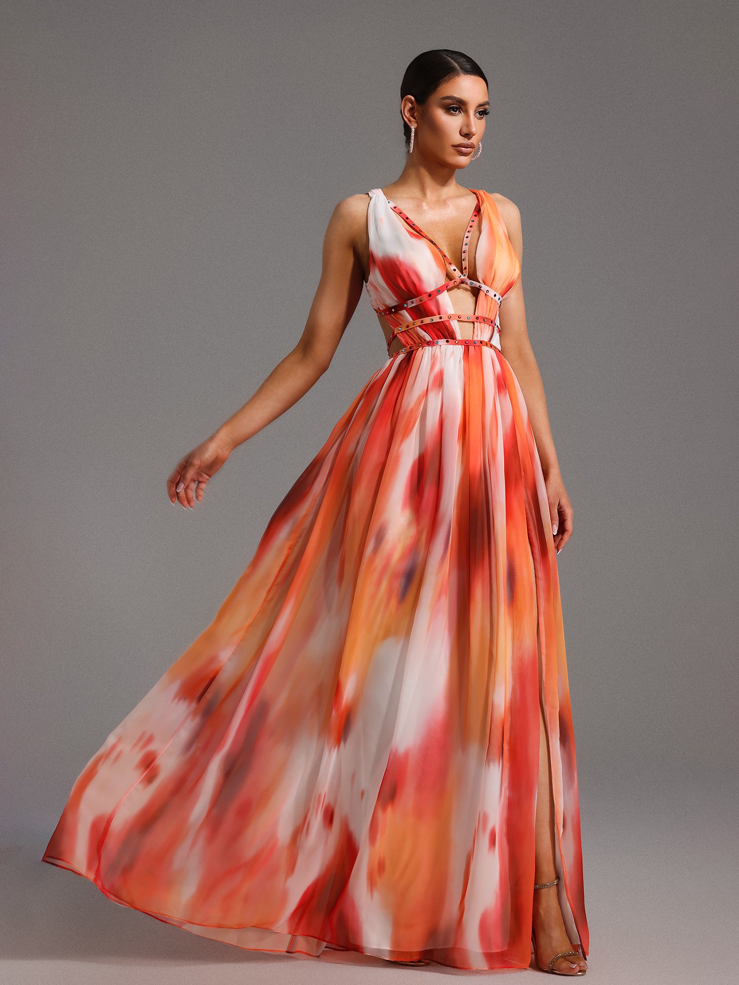 Multi-Color Tie-Dye A-Line Maxi Dress with Cut-Outs