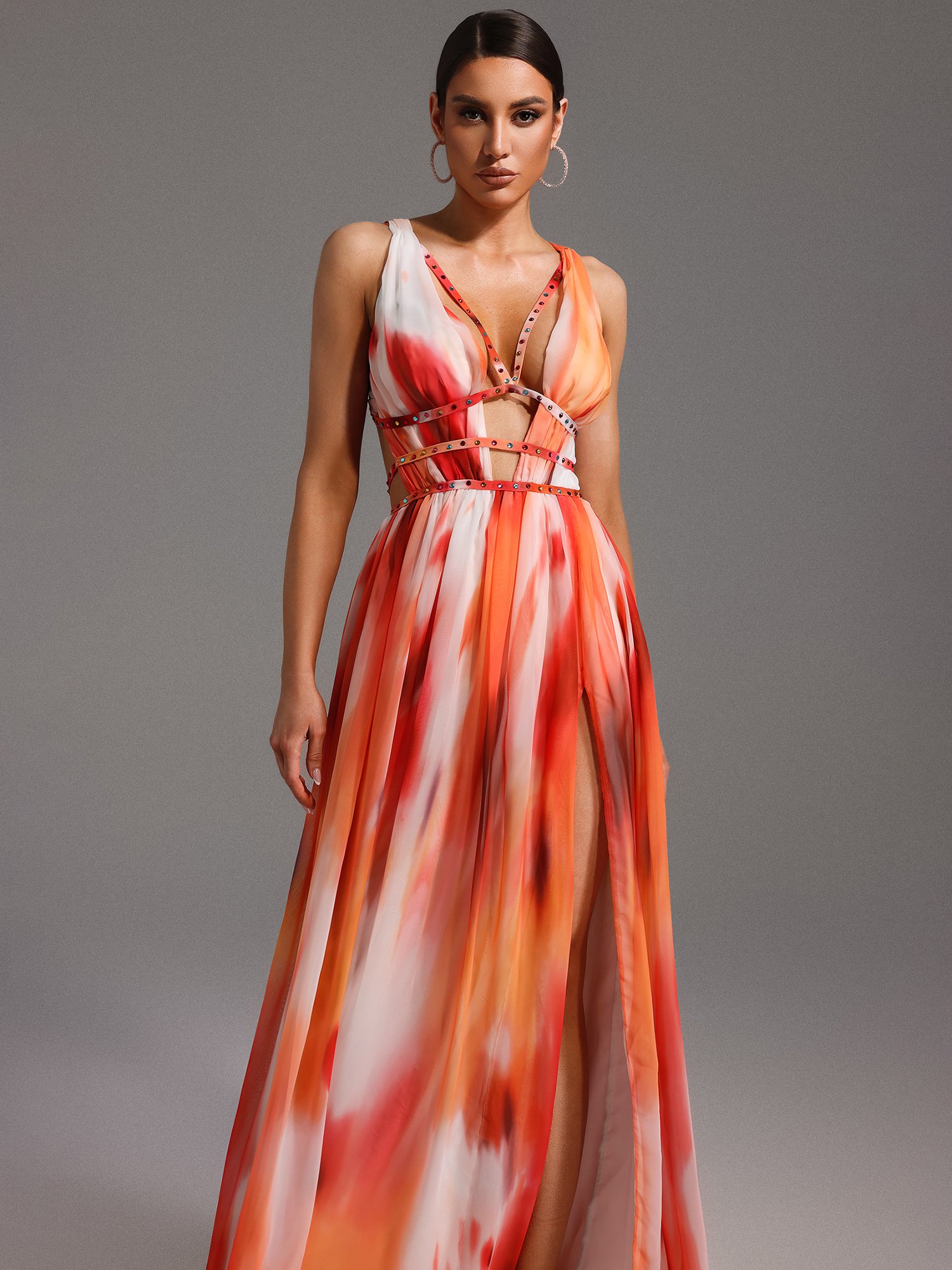 Multi-Color Tie-Dye A-Line Maxi Dress with Cut-Outs