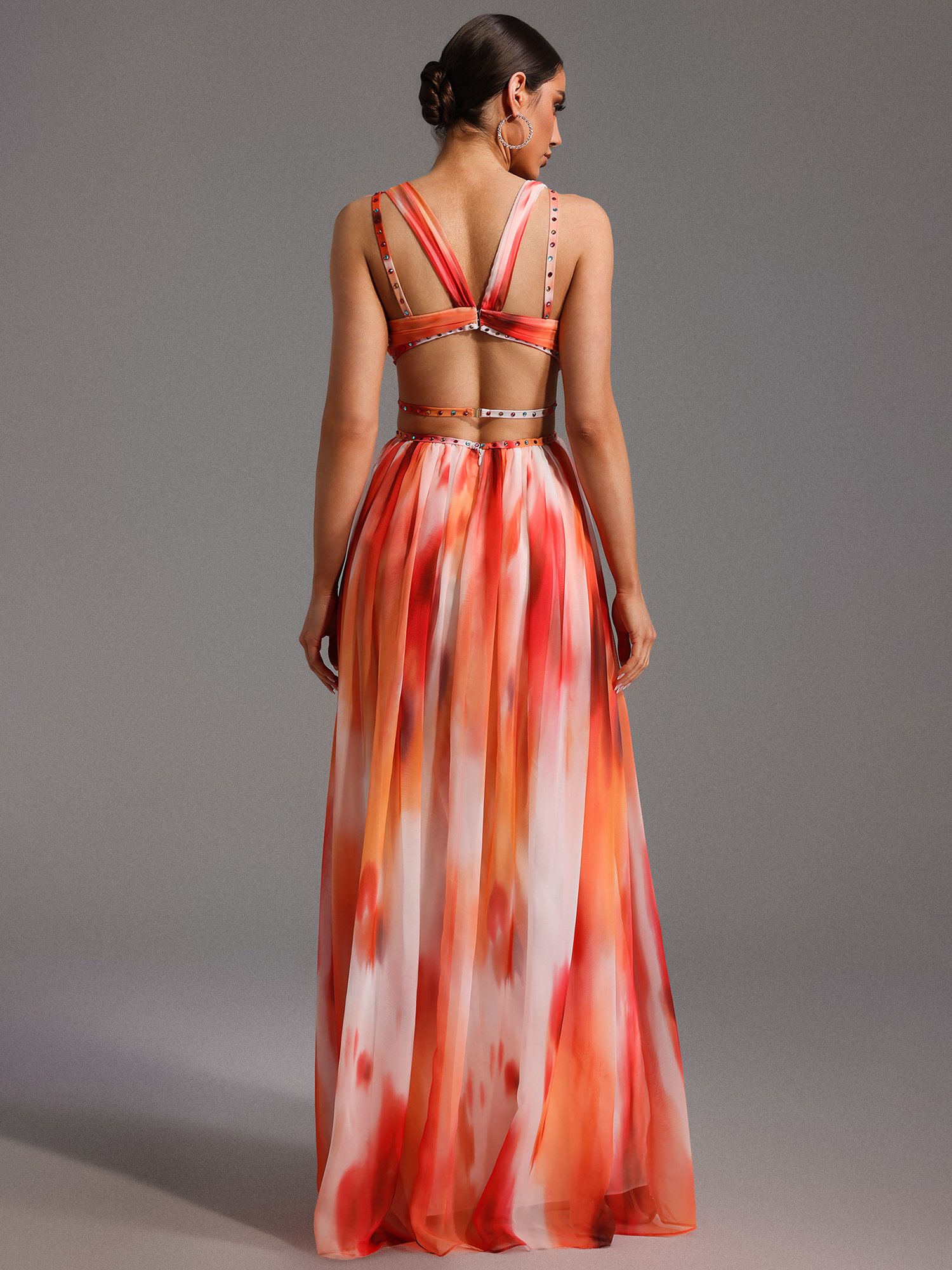 Multi-Color Tie-Dye A-Line Maxi Dress with Cut-Outs