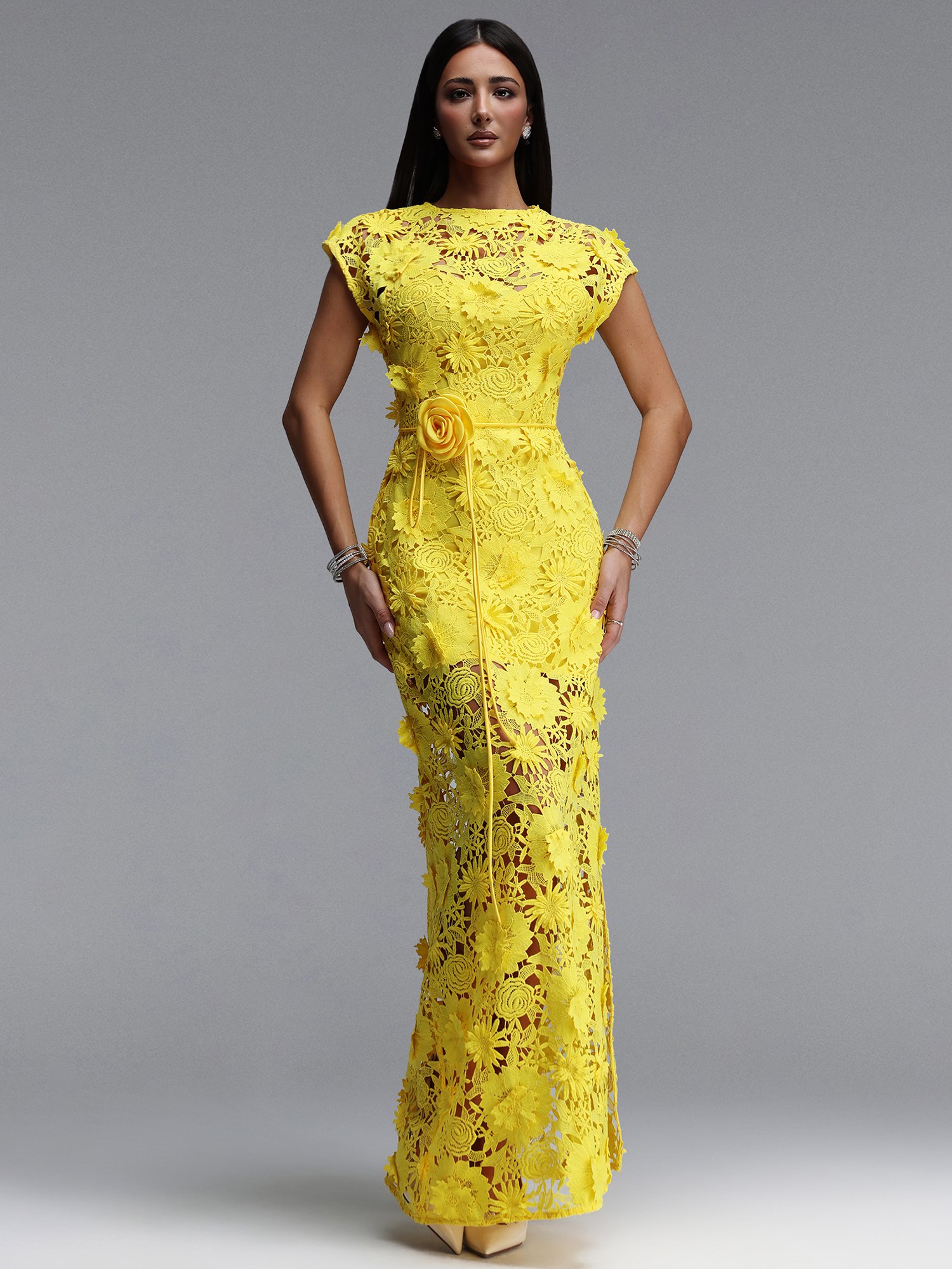 Yellow Crochet Lace Bodycon Maxi Dress
