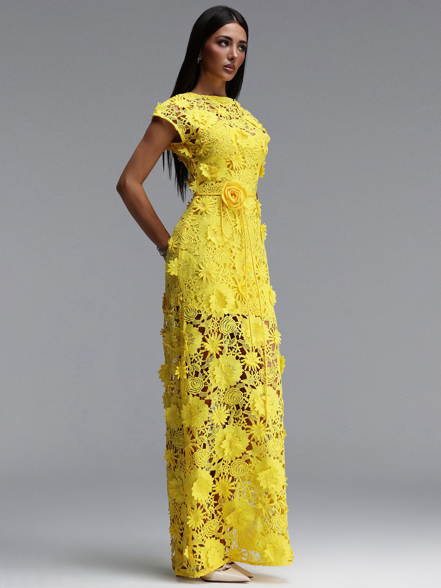 Yellow Crochet Lace Bodycon Maxi Dress