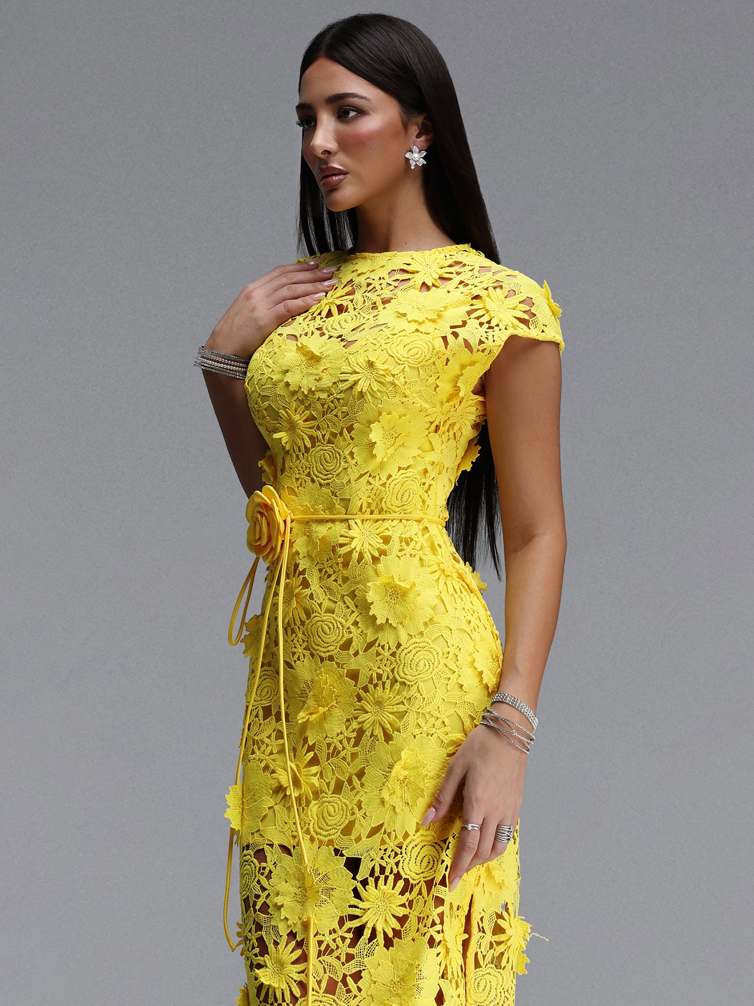 Yellow Crochet Lace Bodycon Maxi Dress