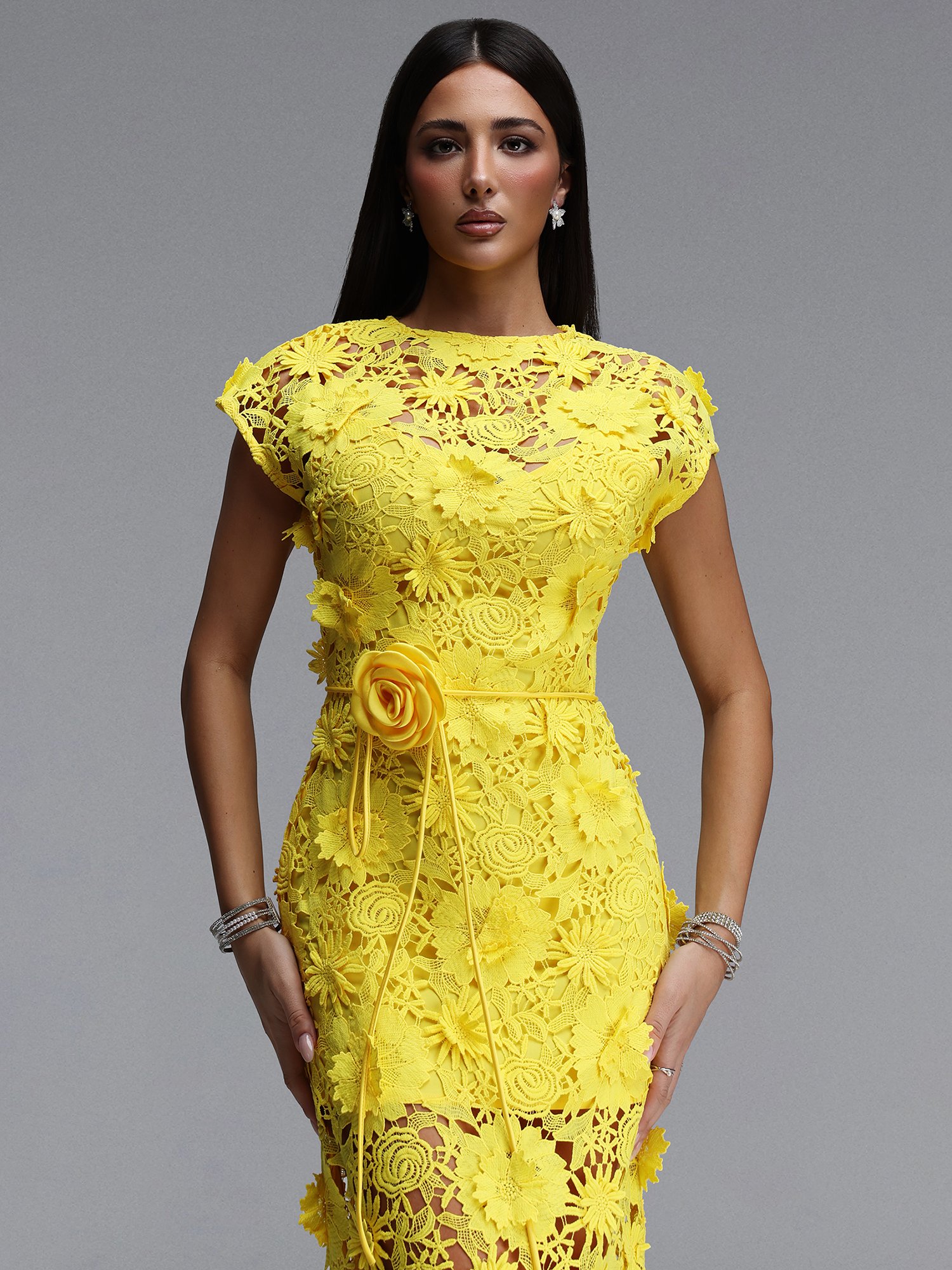 Yellow Crochet Lace Bodycon Maxi Dress