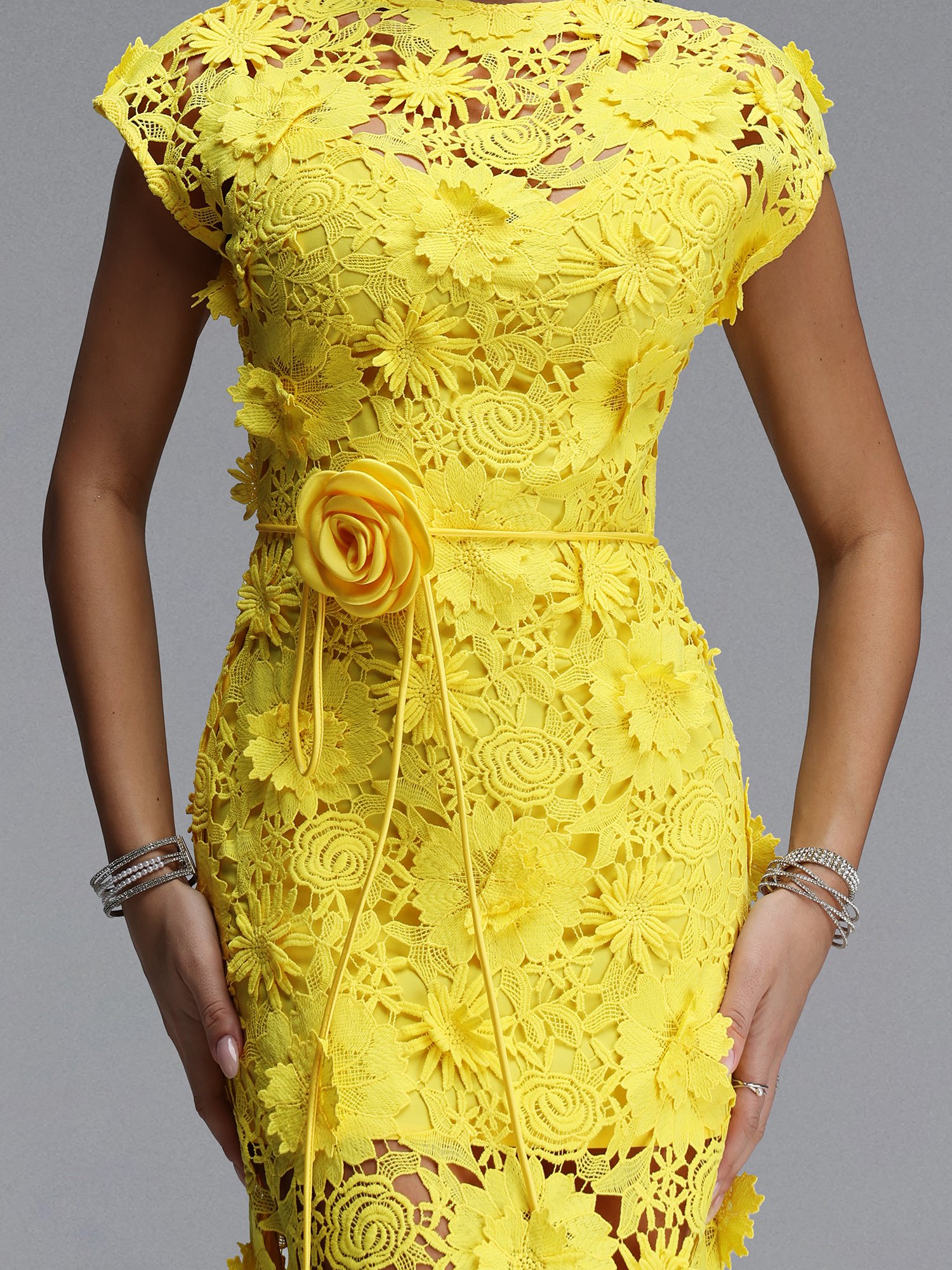 Yellow Crochet Lace Bodycon Maxi Dress