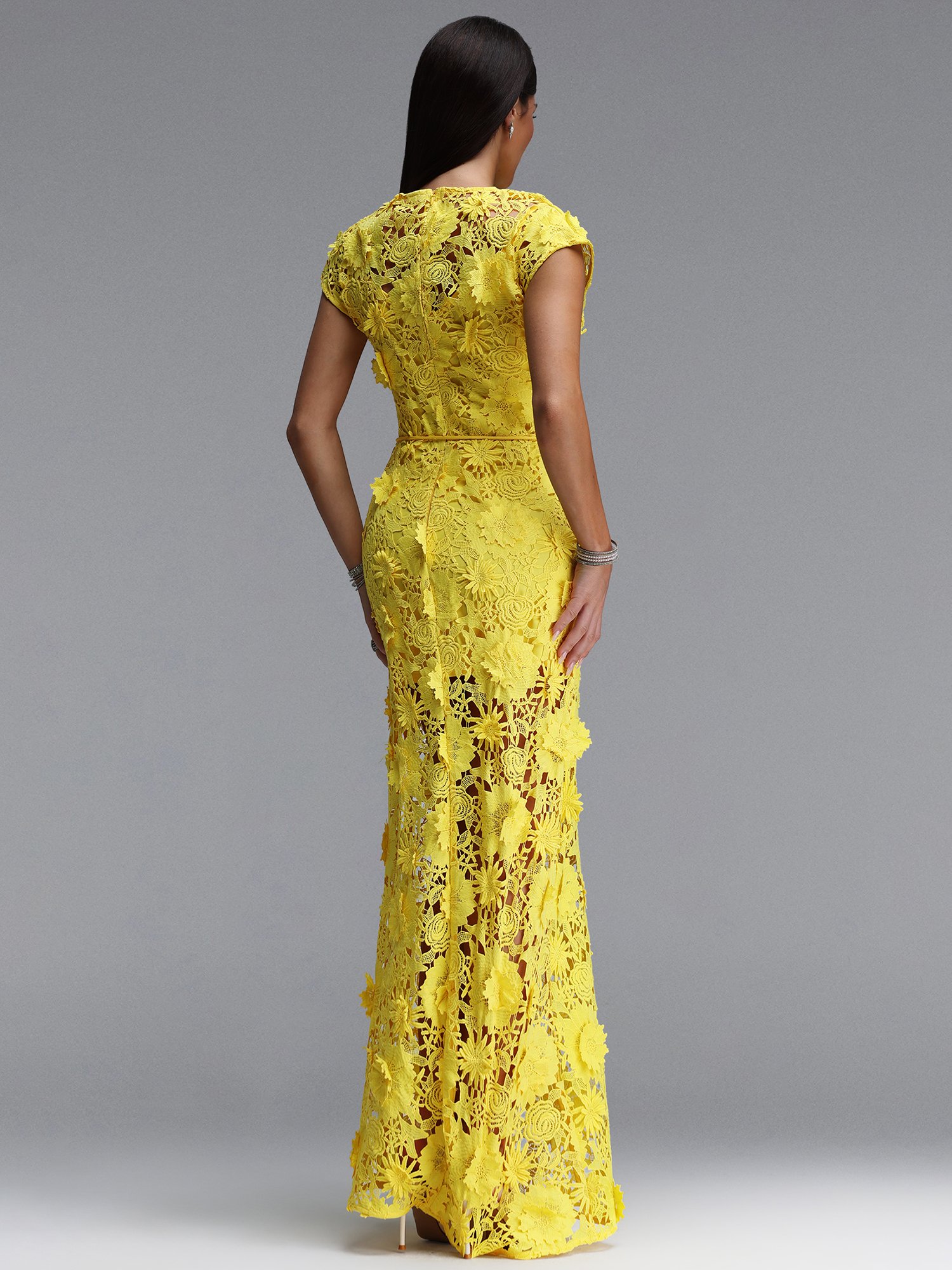Yellow Crochet Lace Bodycon Maxi Dress