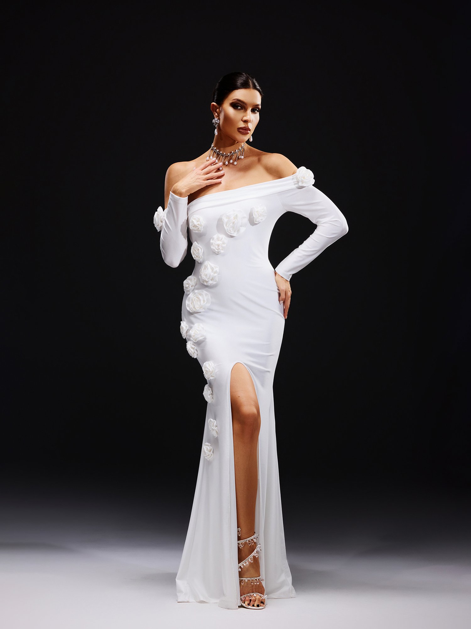 White Bodycon Maxi Dress with Floral Detail