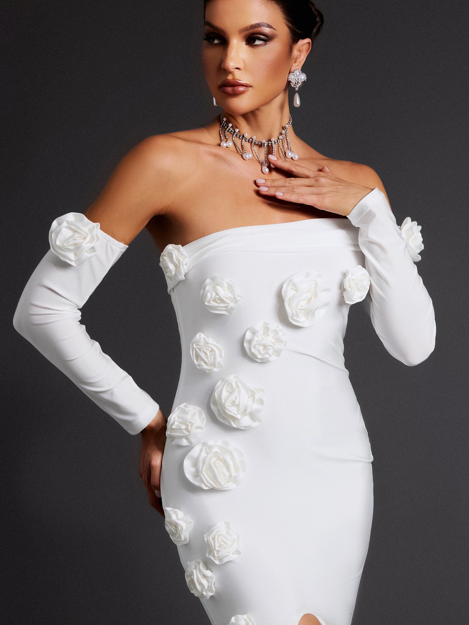 White Bodycon Maxi Dress with Floral Detail