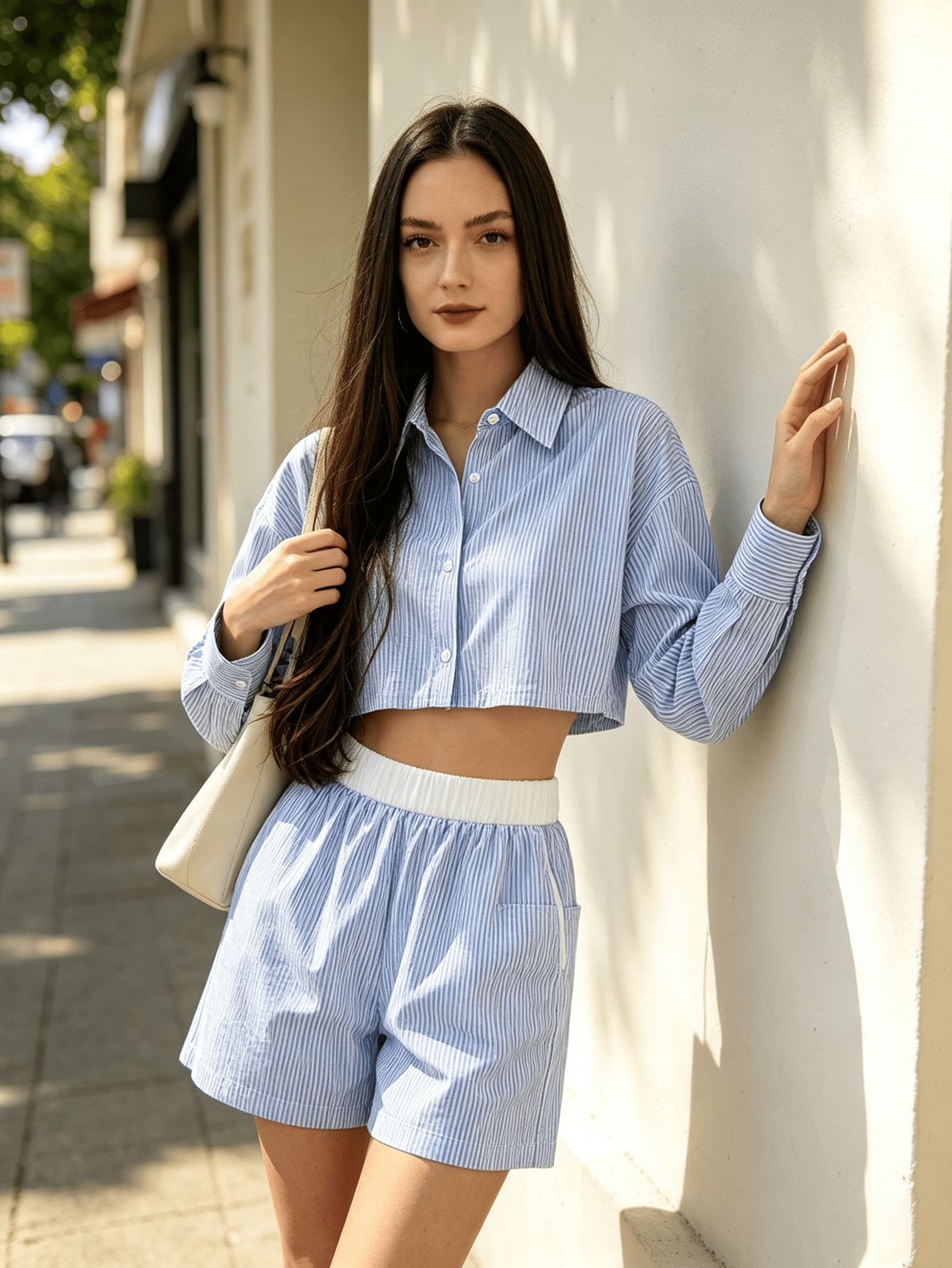 Blue Striped Co-Ord Set with Cropped Shirt and Shorts