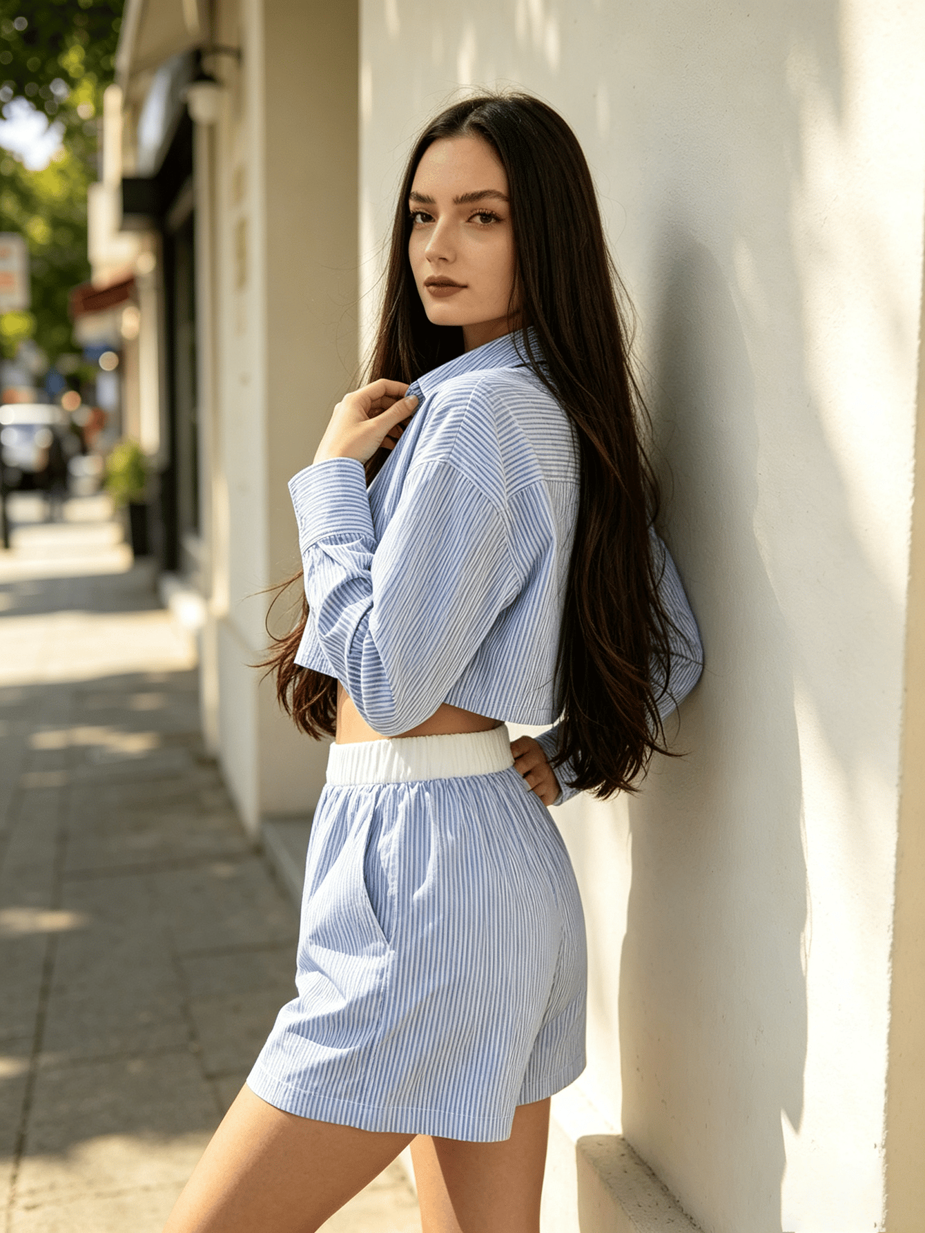 Blue Striped Co-Ord Set with Cropped Shirt and Shorts