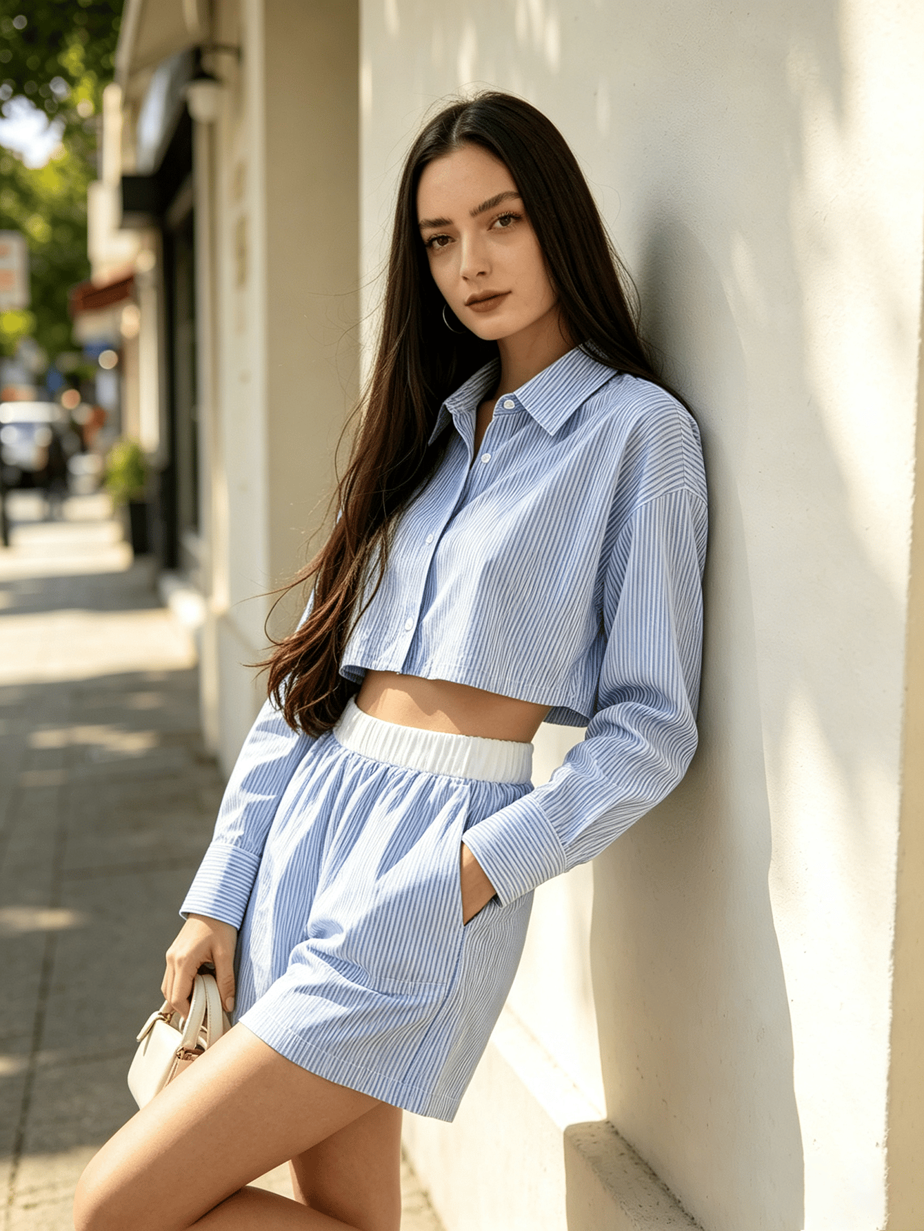 Blue Striped Co-Ord Set with Cropped Shirt and Shorts