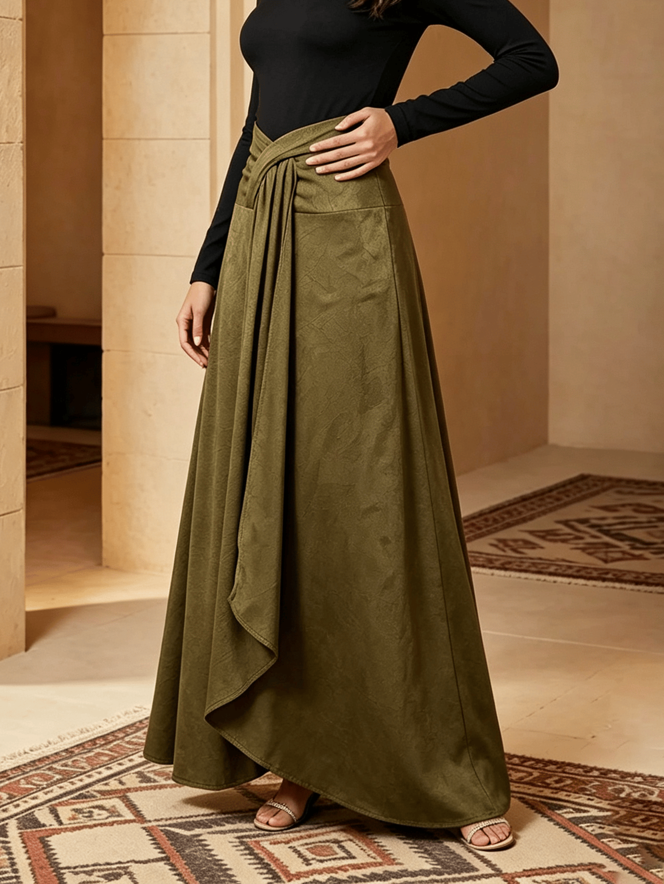 Women High Waist Draped Wrap Maxi Skirt