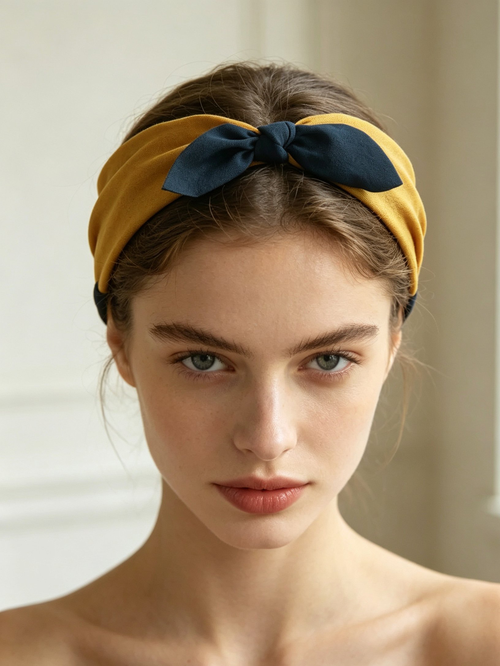Yellow Headband with Navy Bow Detail