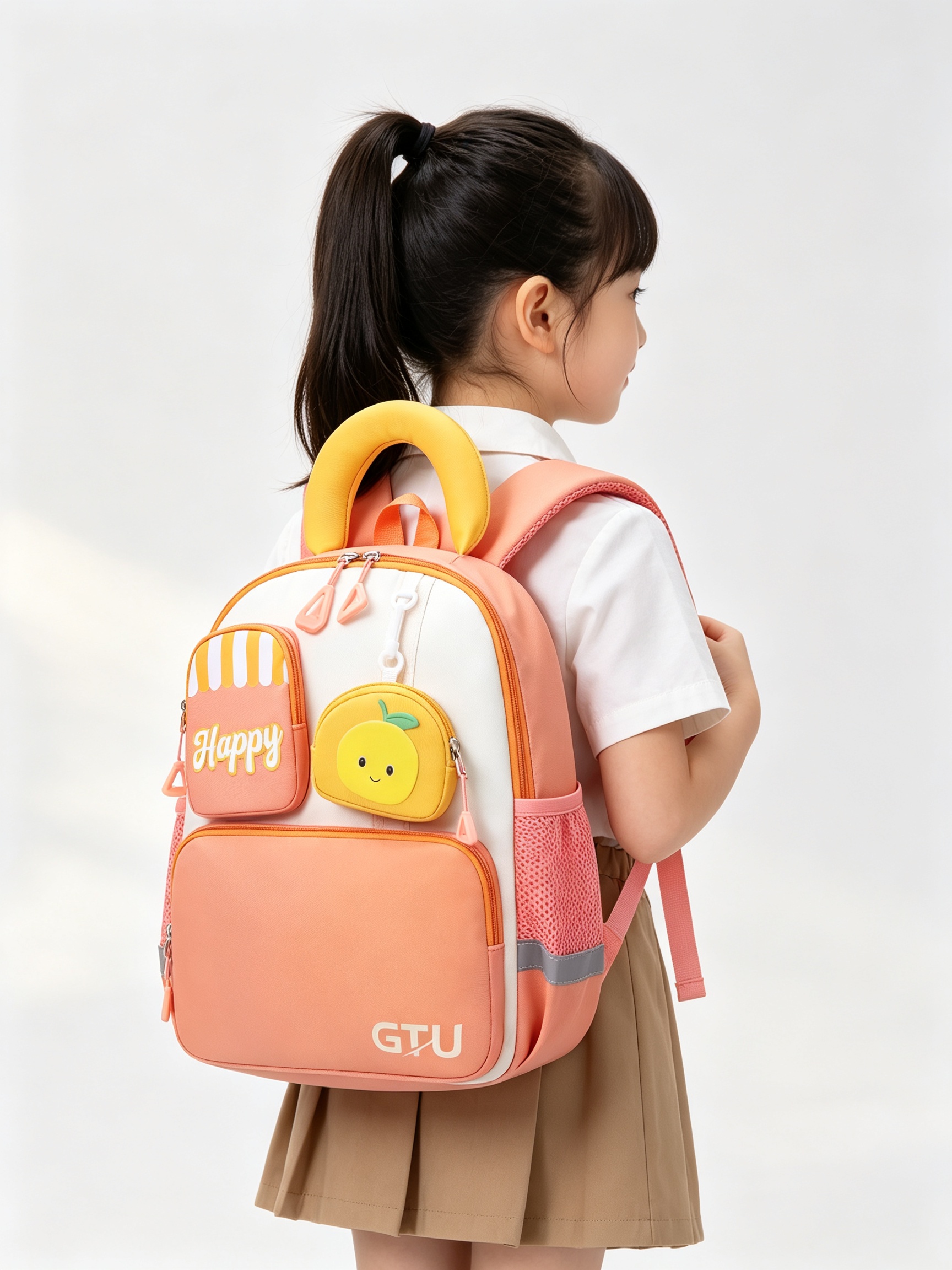 Kids Orange Backpack with Happy Pouch and Fruit Charm