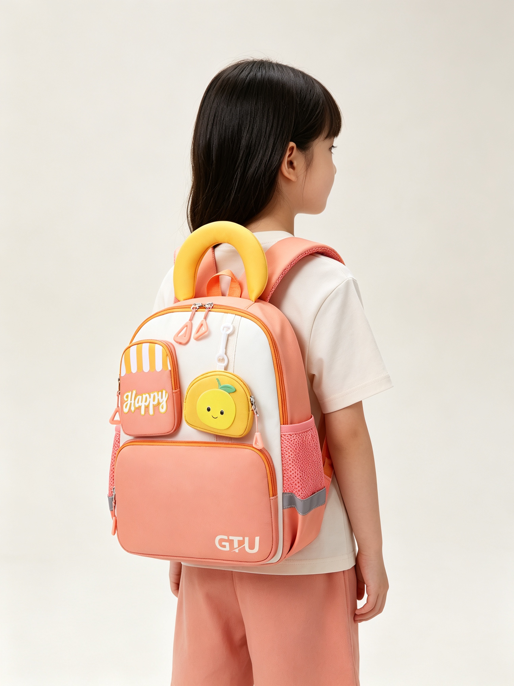 Kids Orange Backpack with Happy Pouch and Fruit Charm