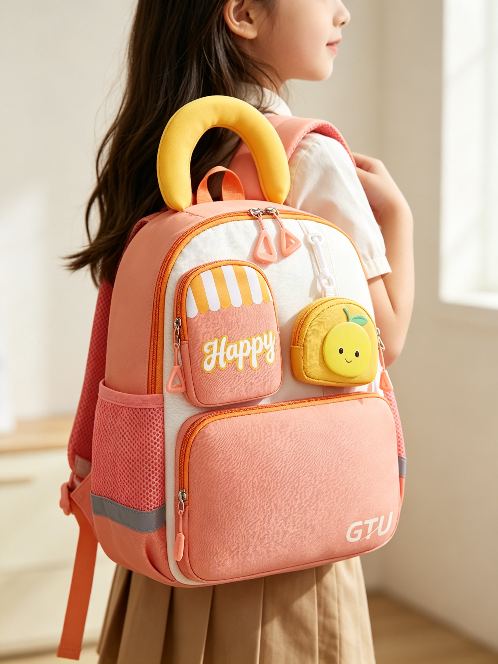Kids Orange Backpack with Happy Pouch and Fruit Charm
