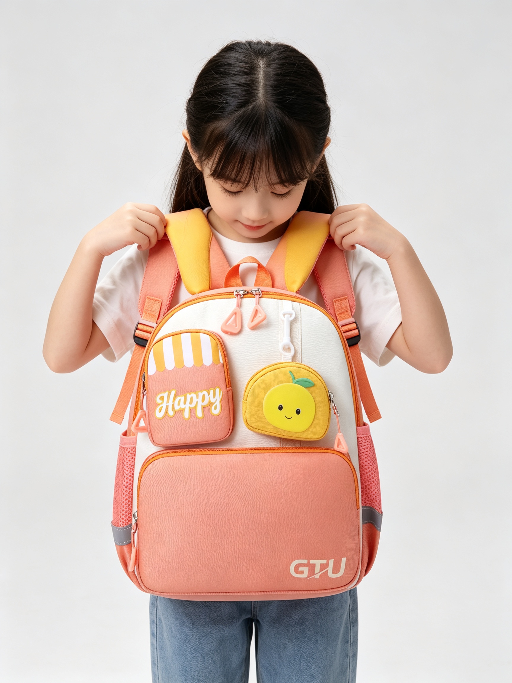 Kids Orange Backpack with Happy Pouch and Fruit Charm