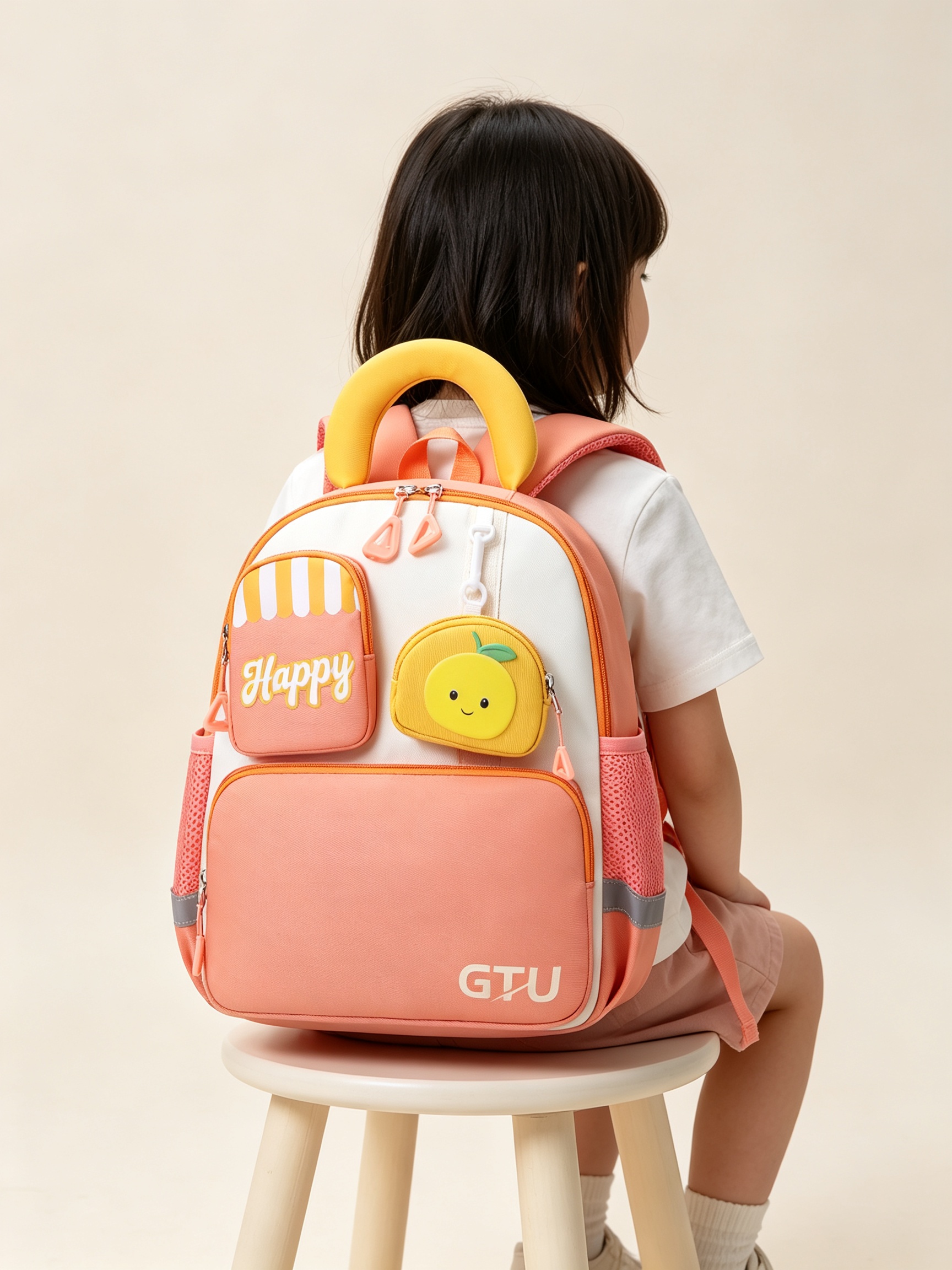 Kids Orange Backpack with Happy Pouch and Fruit Charm