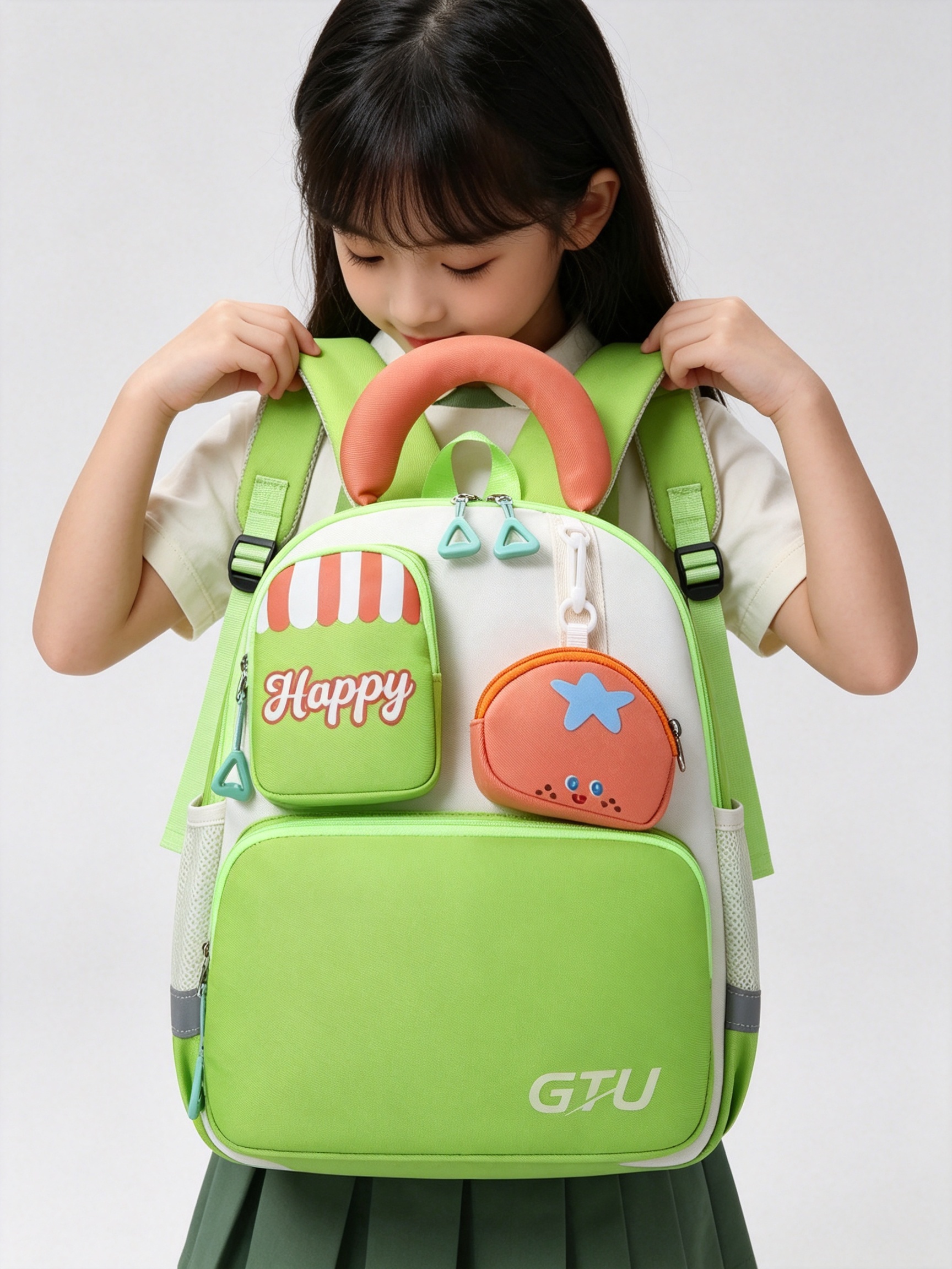 Kids Green School Backpack with Pouch
