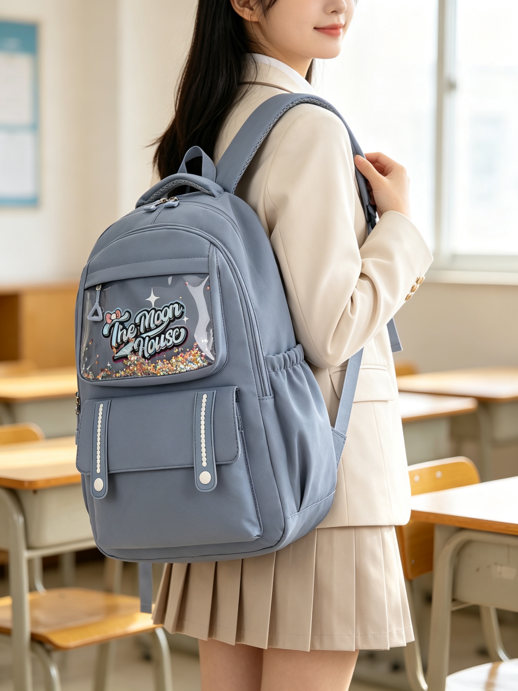 Grey School Backpack with Charm Display Pocket