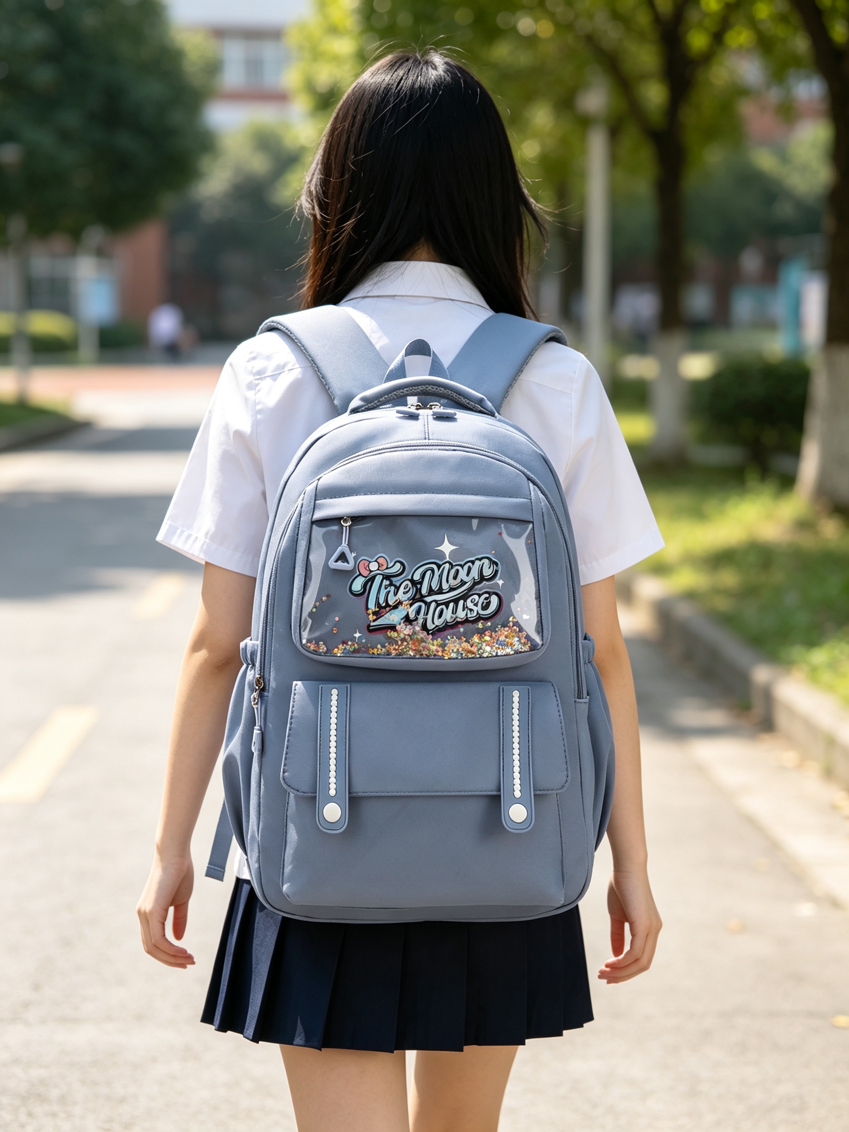 Grey School Backpack with Charm Display Pocket
