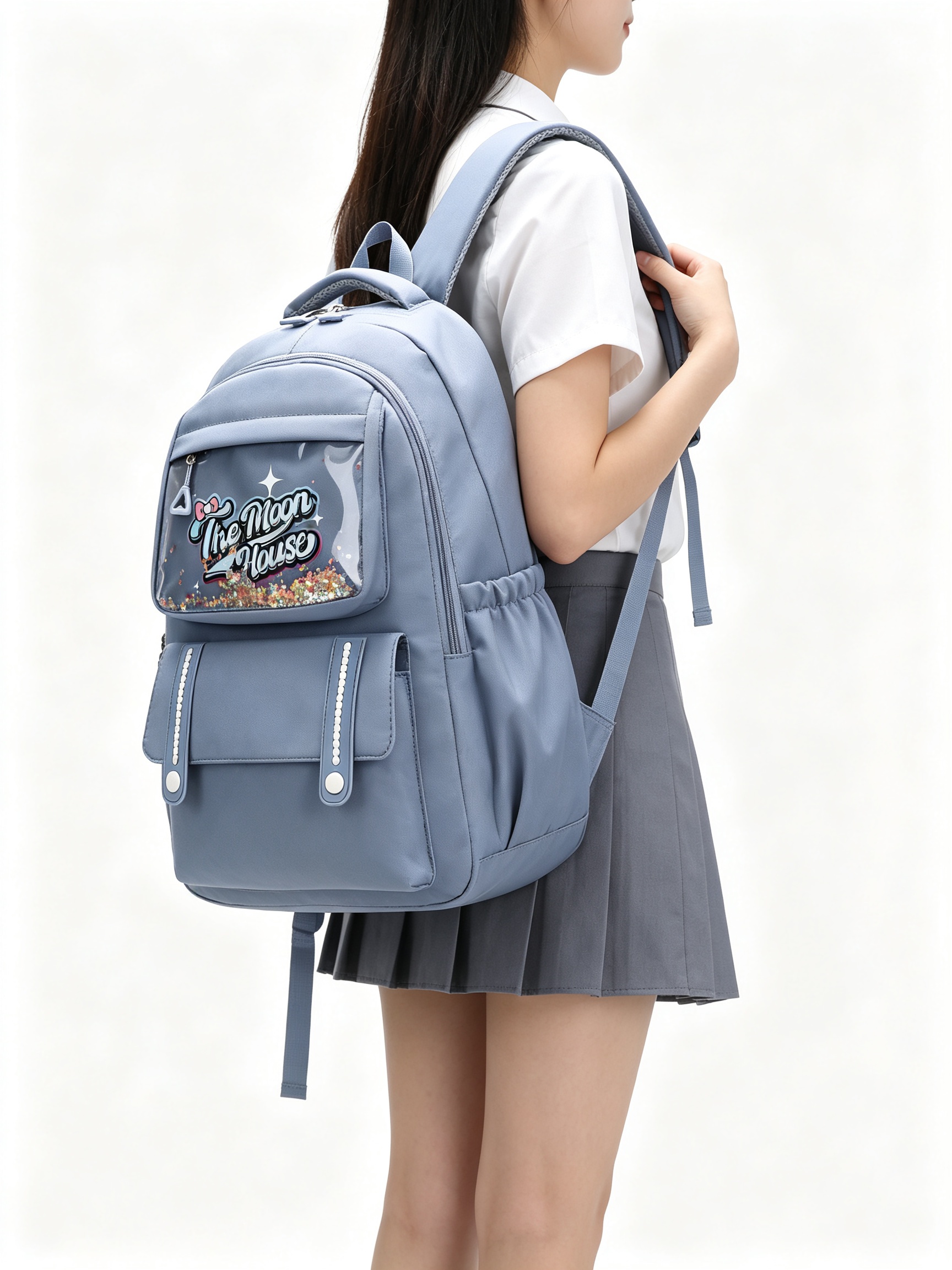 Grey School Backpack with Charm Display Pocket