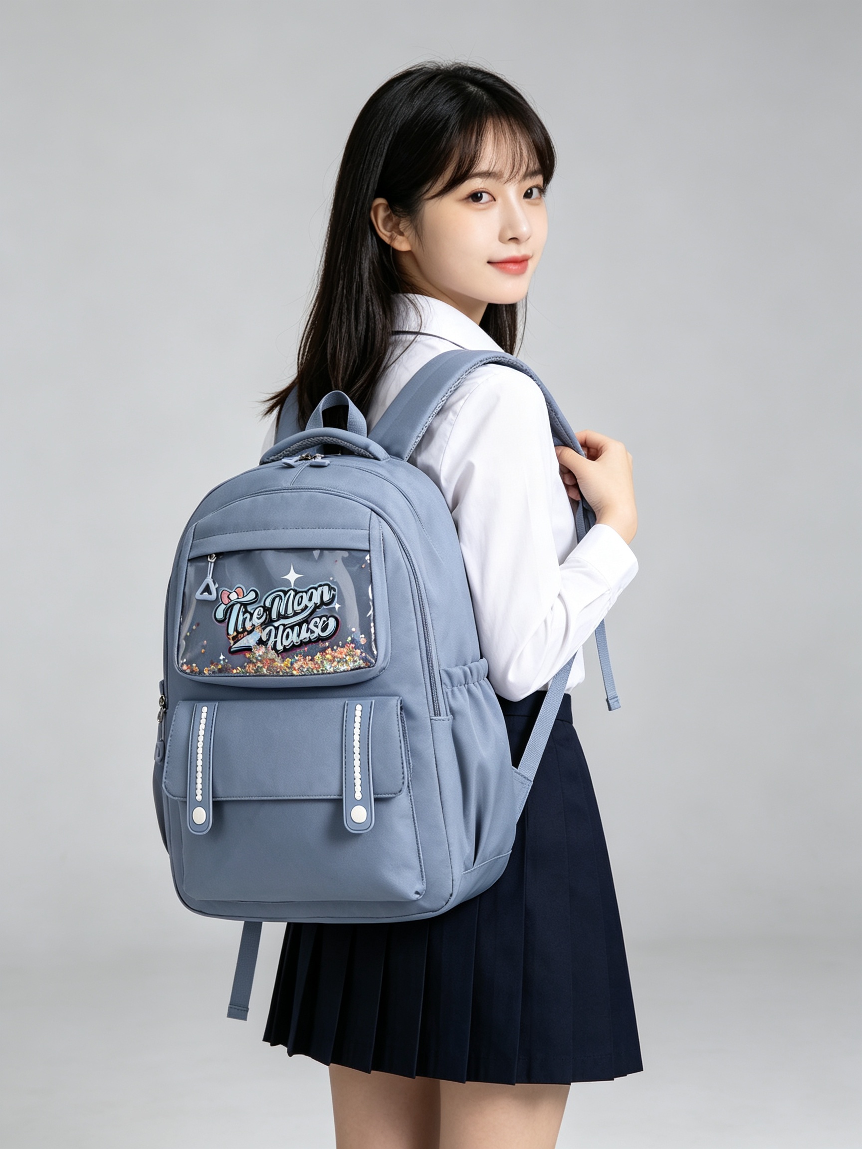 Grey School Backpack with Charm Display Pocket