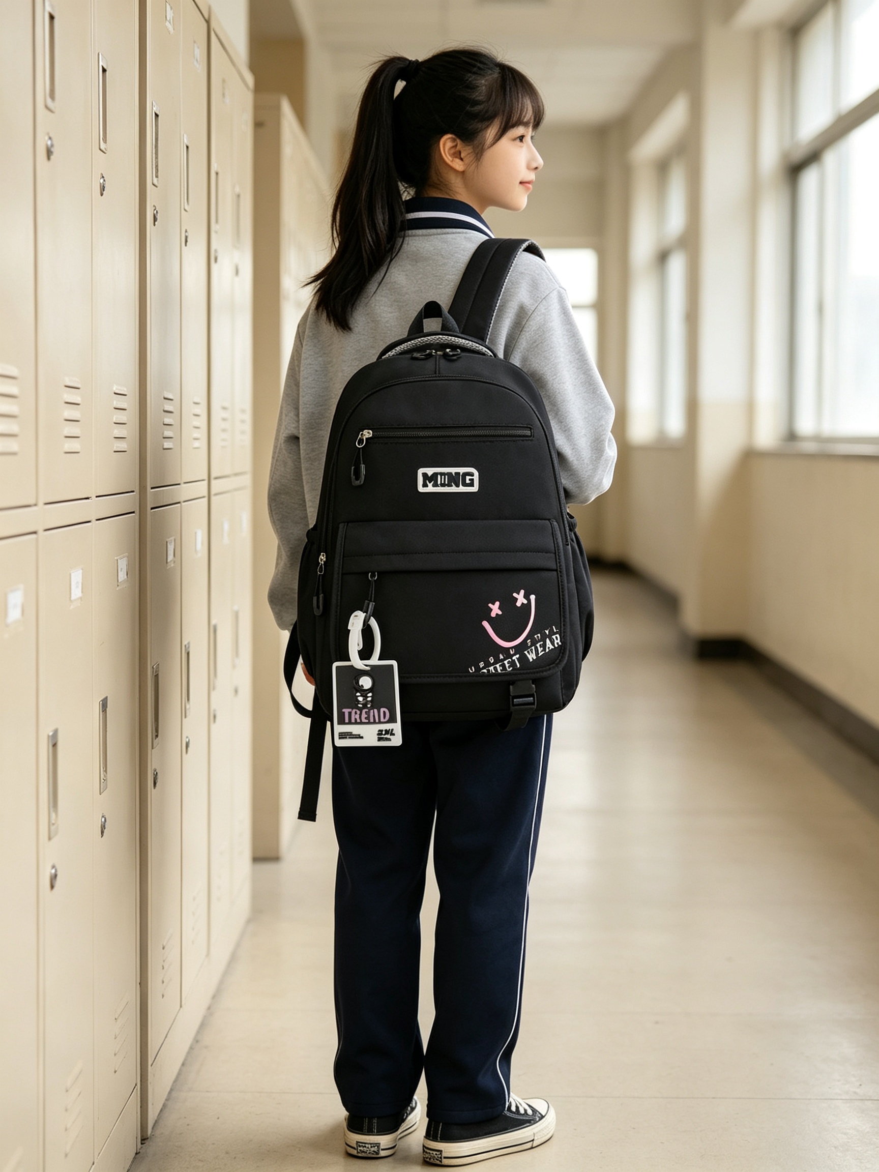 Black School Backpack with Pendant