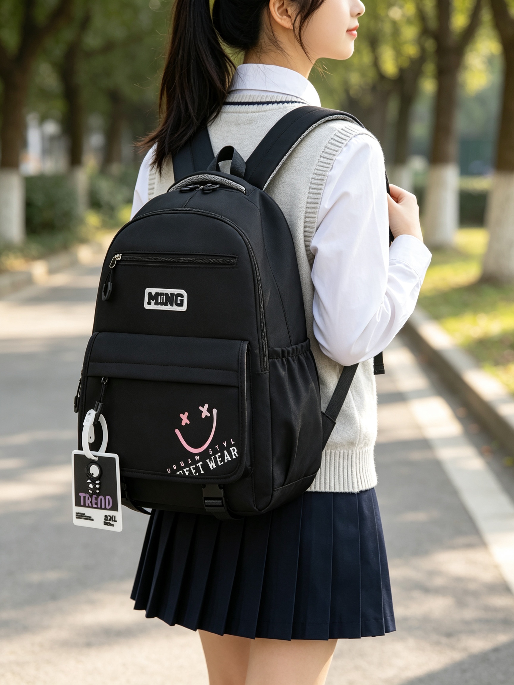 Black School Backpack with Pendant