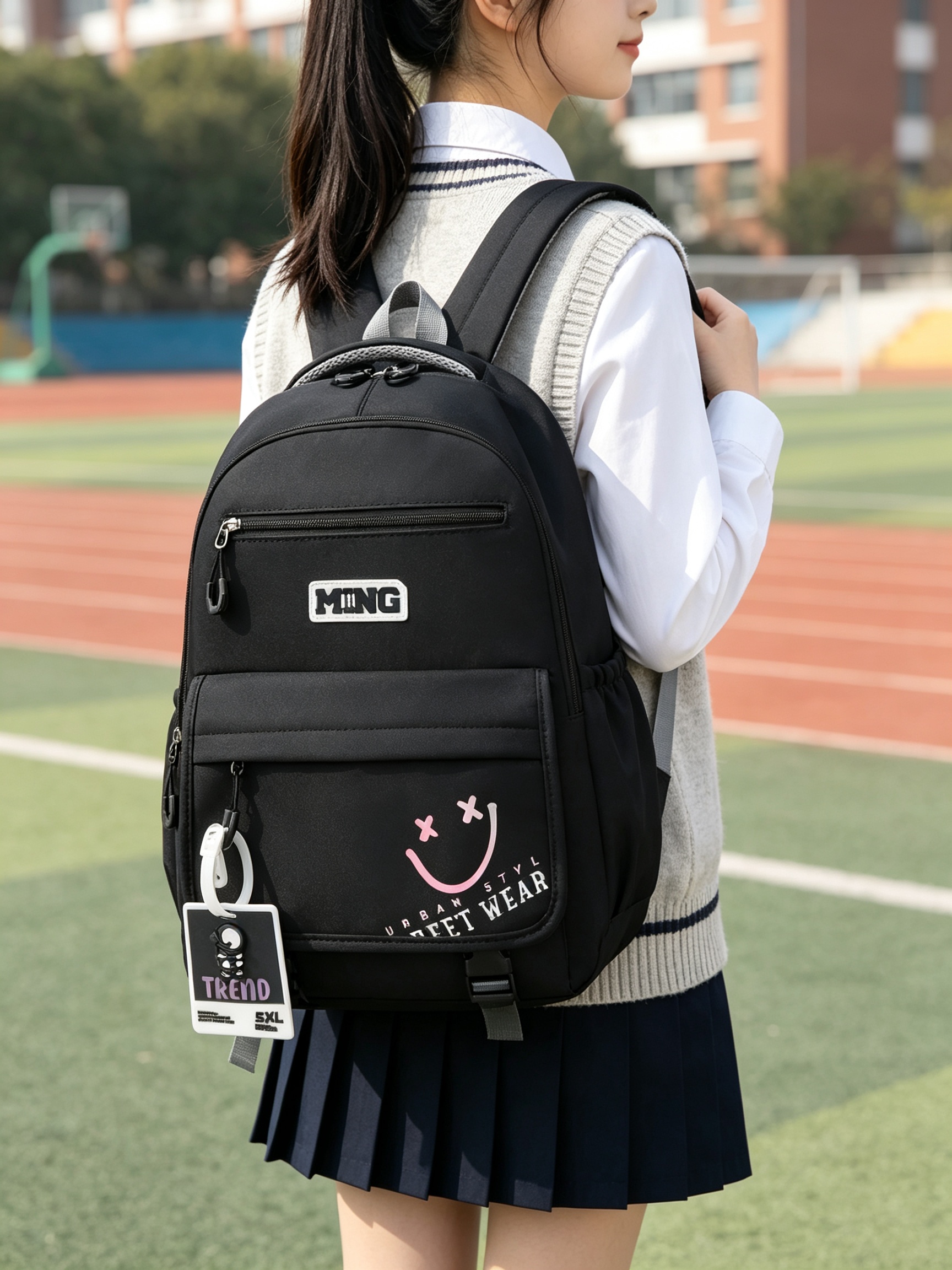 Black School Backpack with Pendant