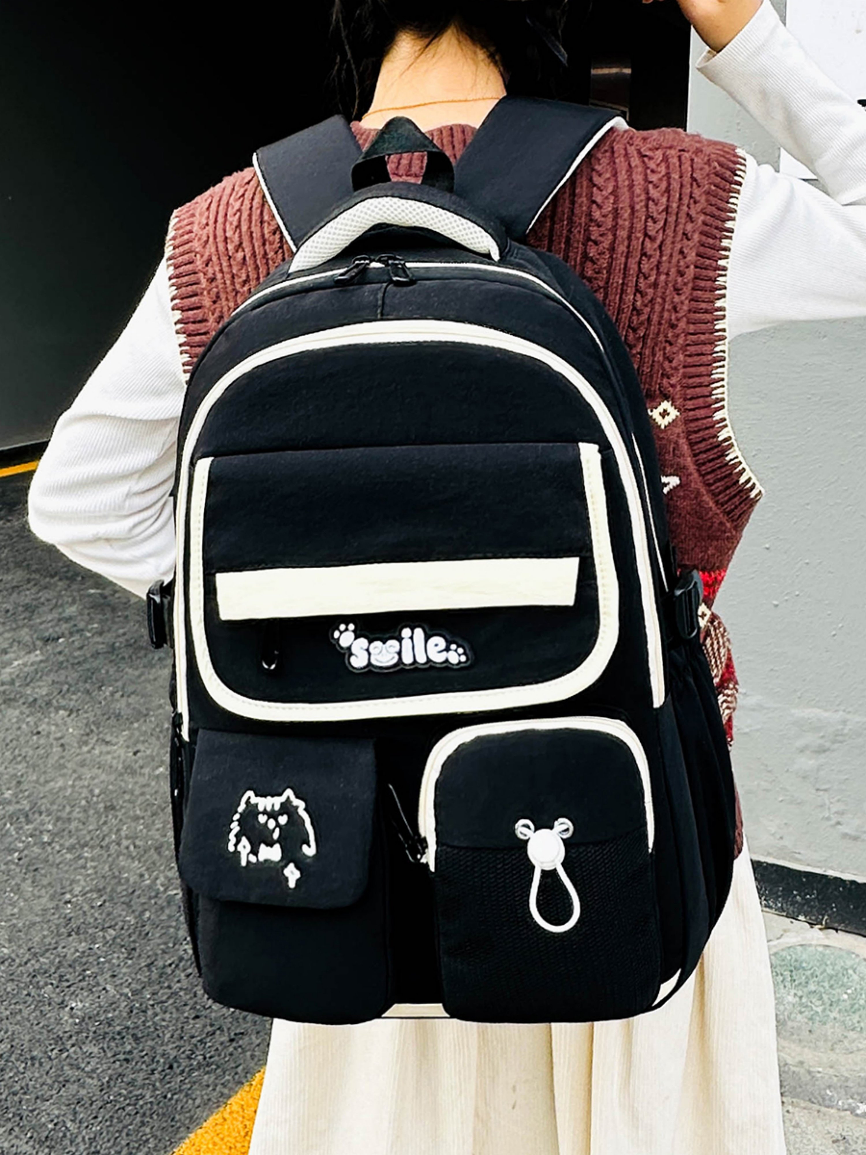Black Plain Backpack with Contrast Accent