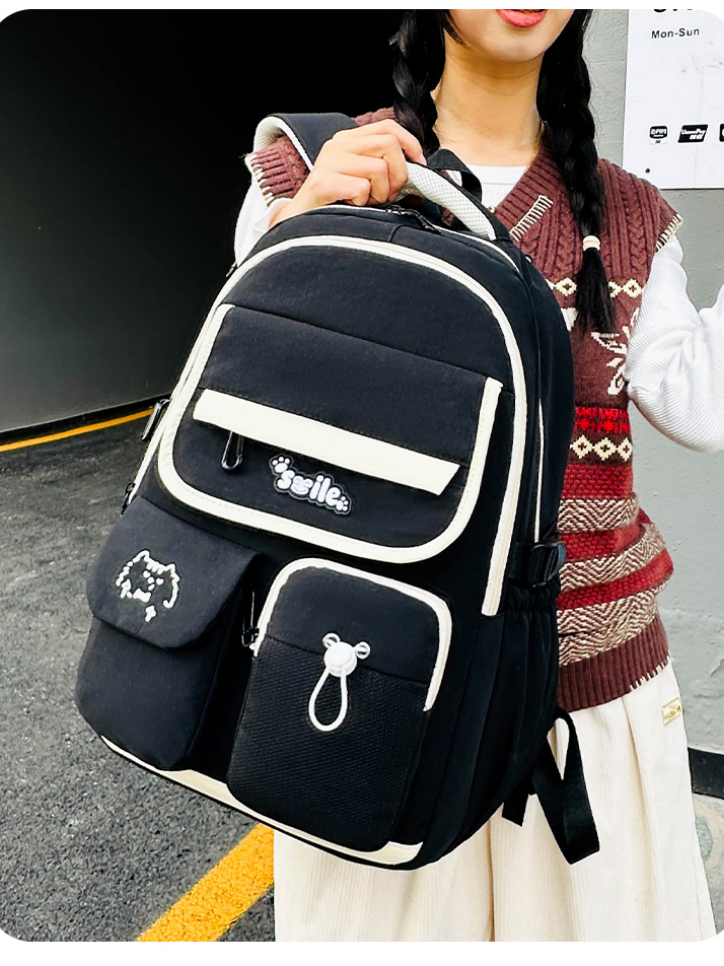 Black Plain Backpack with Contrast Accent