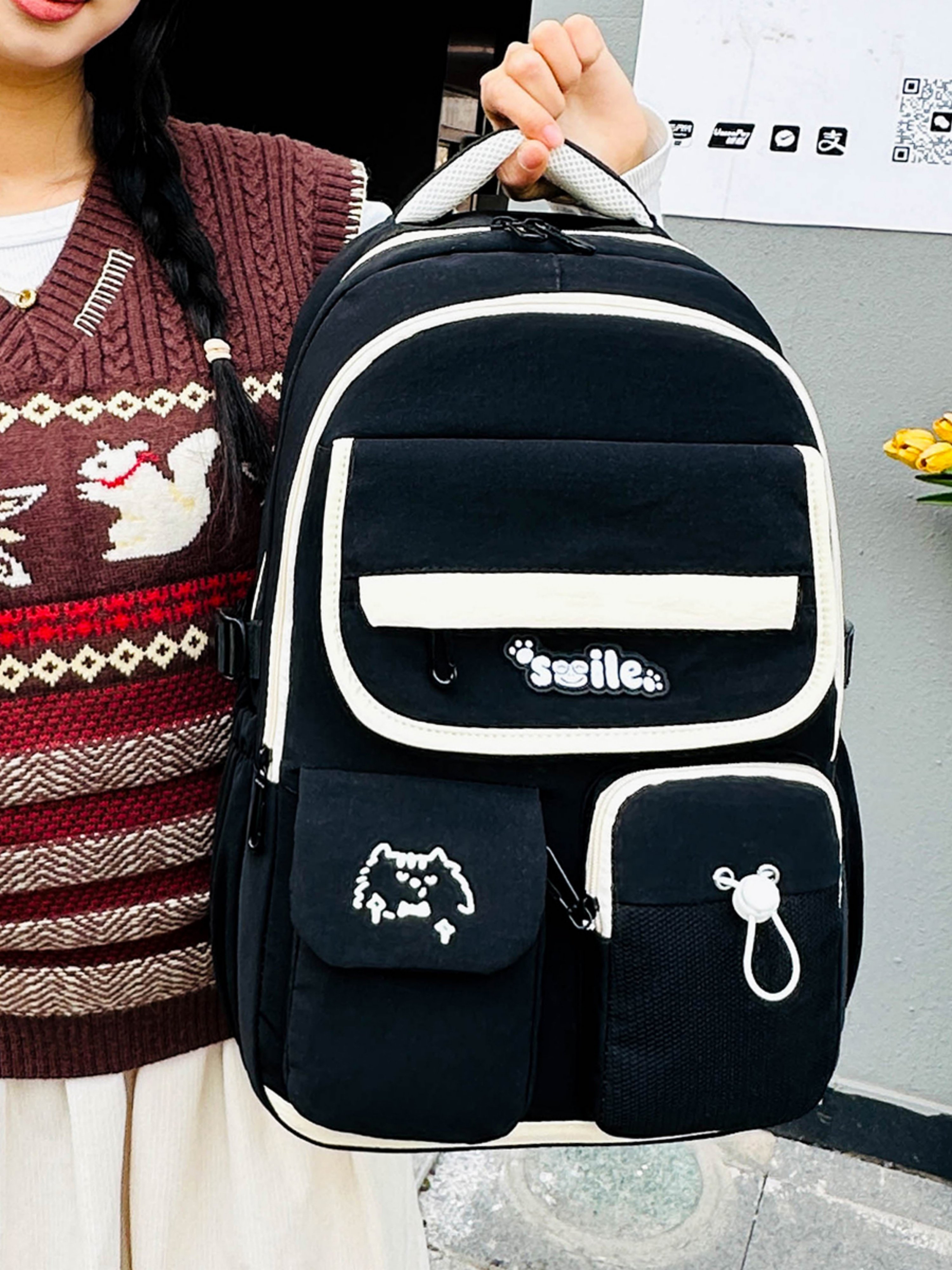 Black Plain Backpack with Contrast Accent