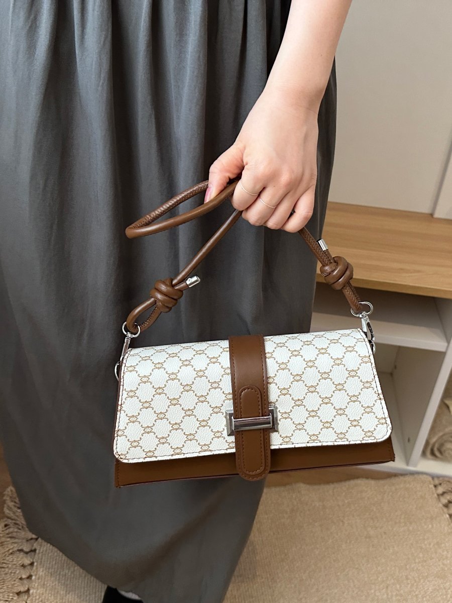Beige Monogram Shoulder Bag with Brown Trim