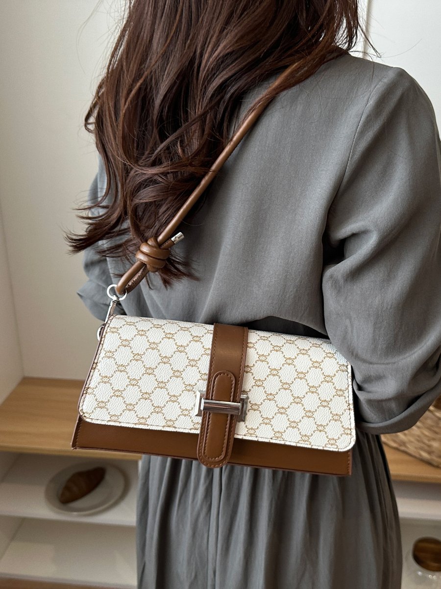 Beige Monogram Shoulder Bag with Brown Trim