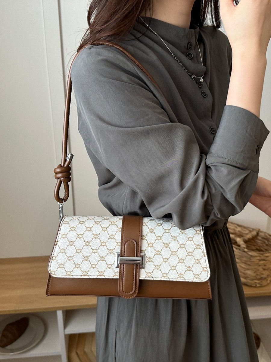 Beige Monogram Shoulder Bag with Brown Trim
